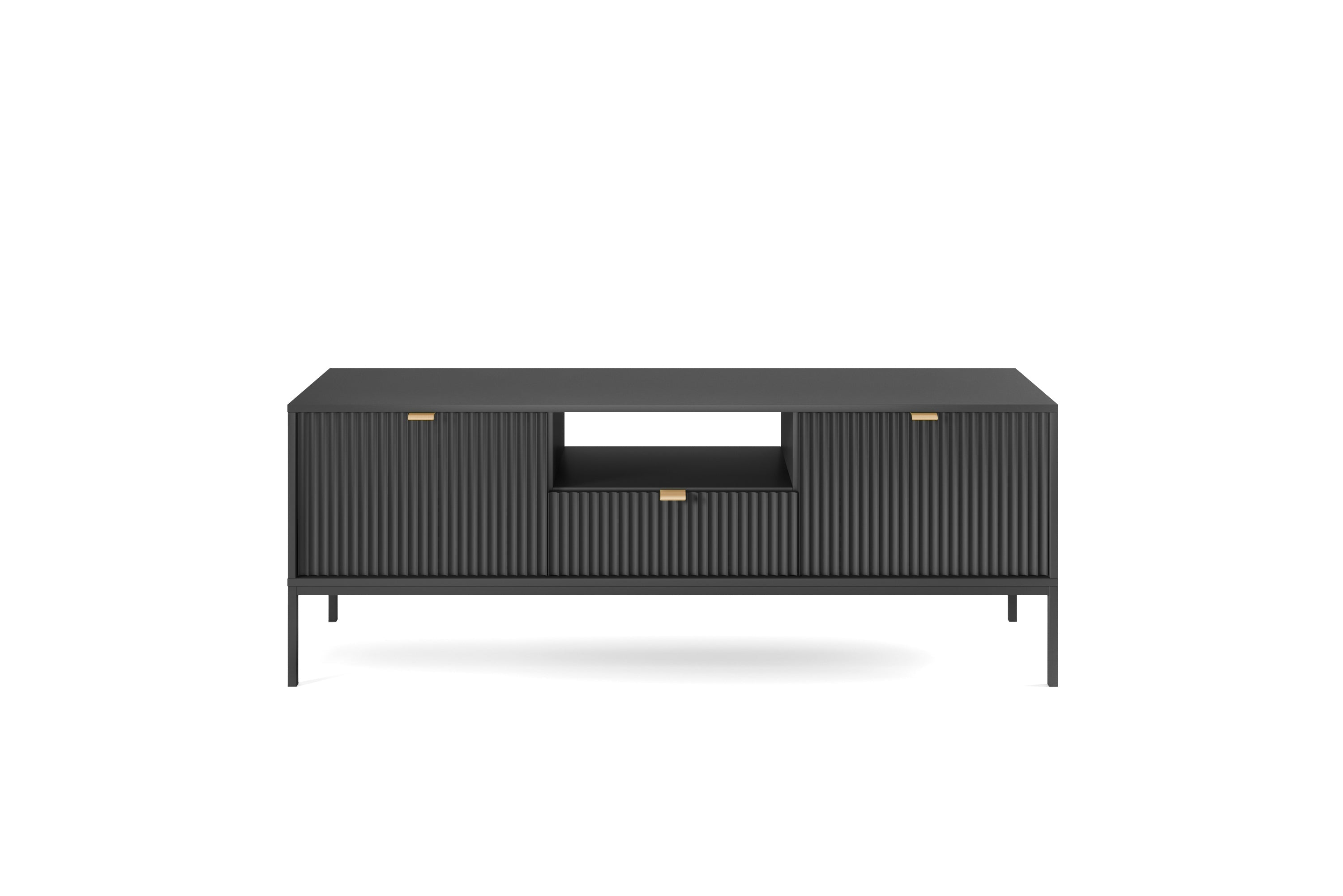 Meuble TV 2 portes 1 tiroir en bois laminé avec pieds en métal noir Miseno 154x56 cm