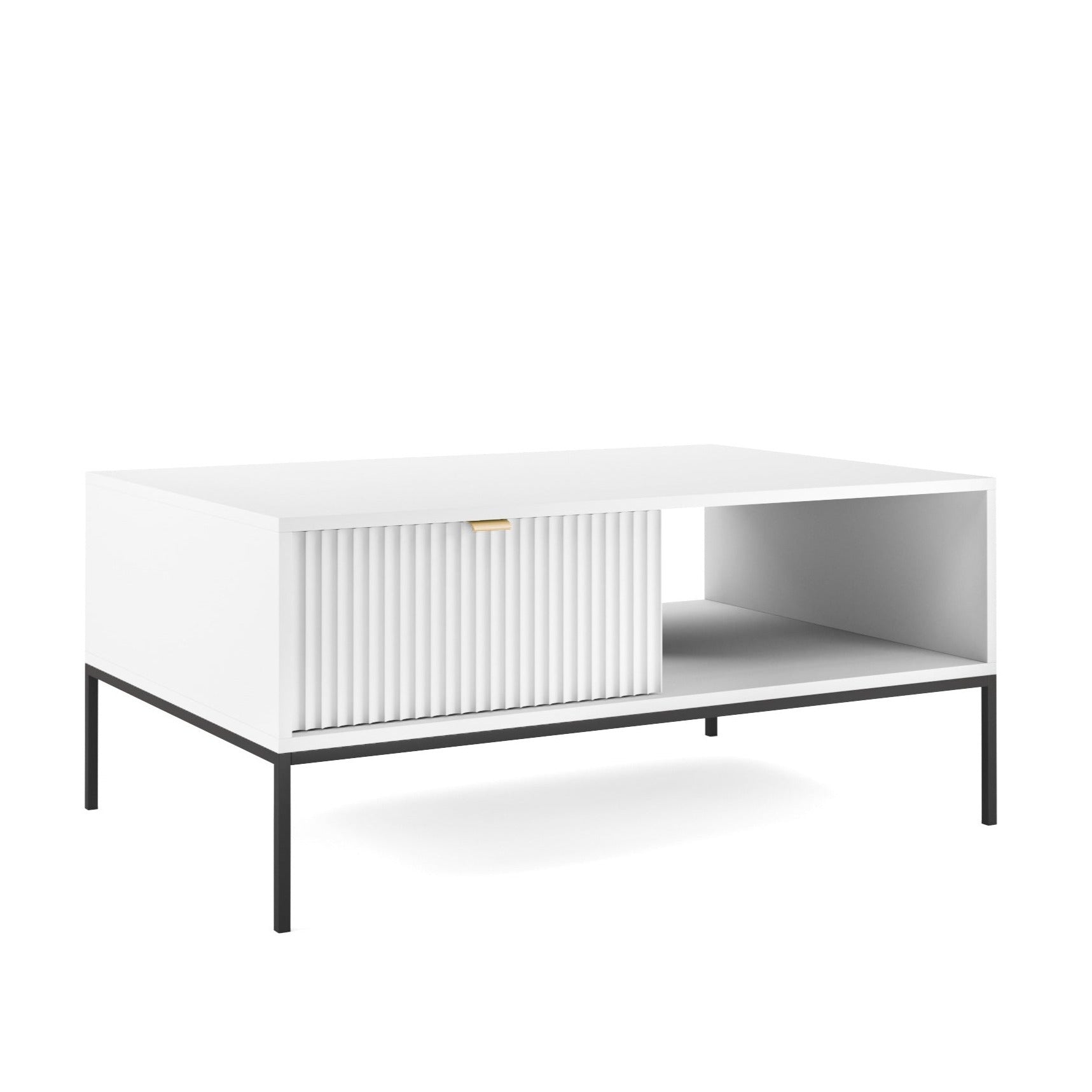 Table basse blanche 1 tiroir 1 compartiment en bois laminé avec pieds en métal Miseno 104x68 cm