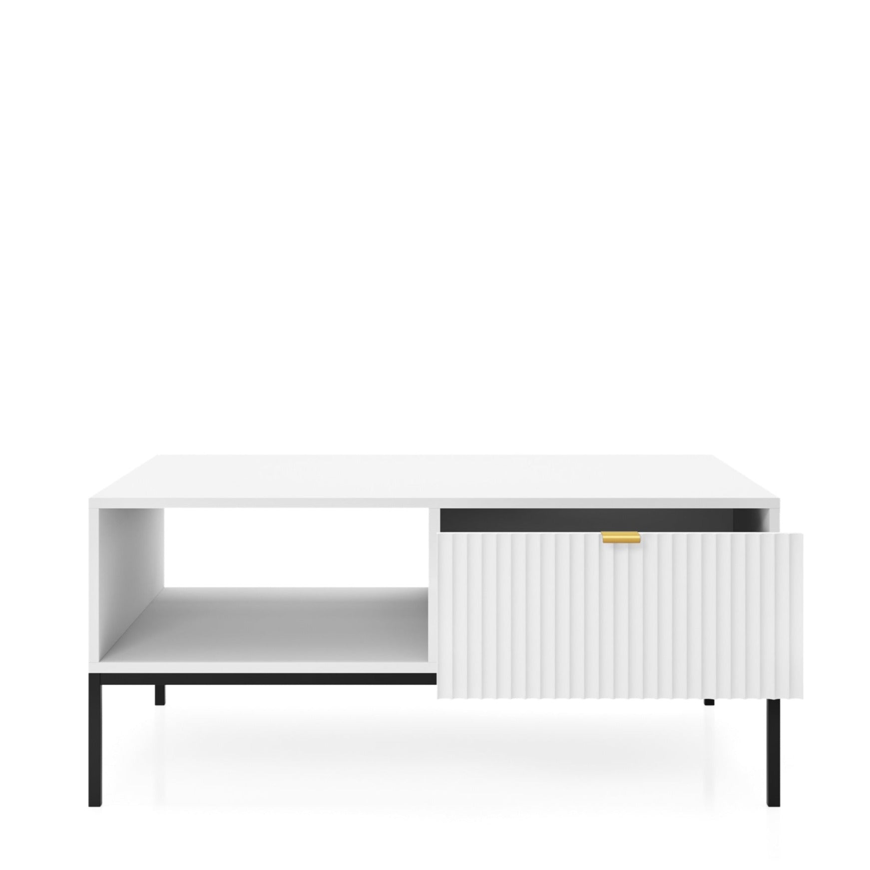 Table basse blanche 1 tiroir 1 compartiment en bois laminé avec pieds en métal Miseno 104x68 cm