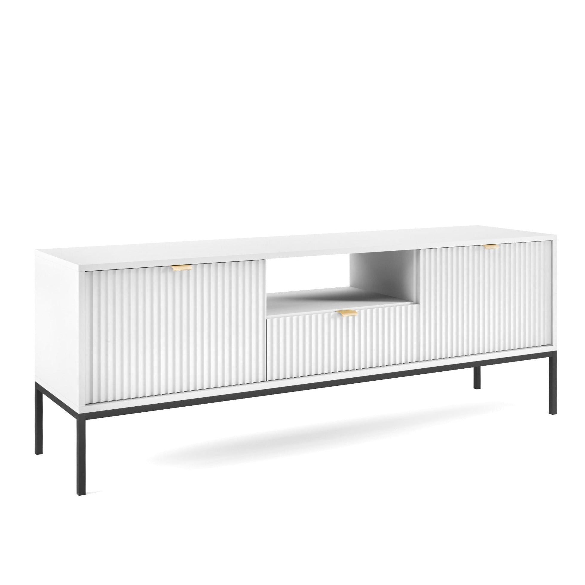 Meuble TV blanc 2 portes 1 tiroir en bois laminé avec pieds en métal Miseno 154x56 cm