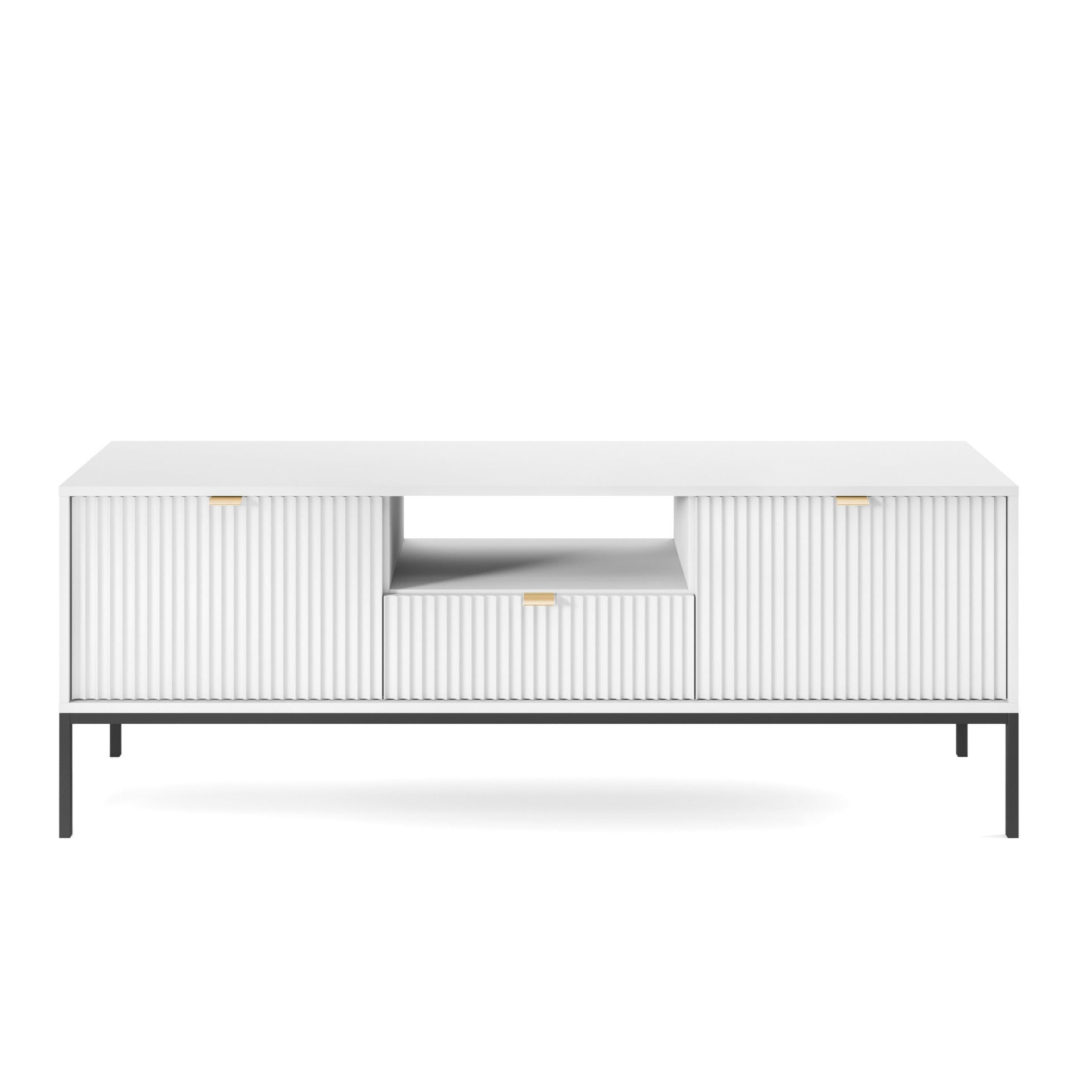 Meuble TV blanc 2 portes 1 tiroir en bois laminé avec pieds en métal Miseno 154x56 cm