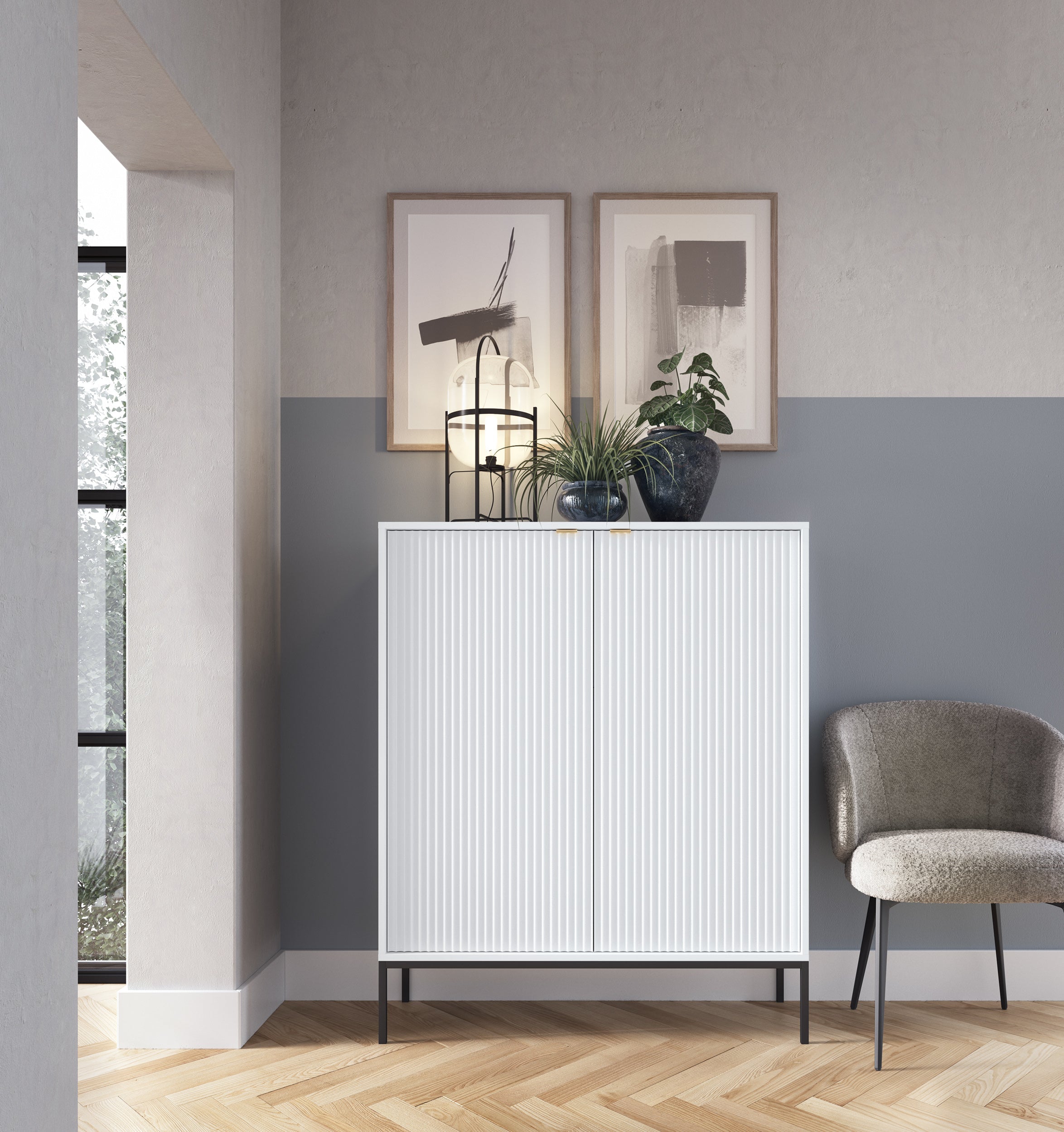 Buffet 2 portes en bois laminé avec pieds en métal blanc Miseno 104x125 cm