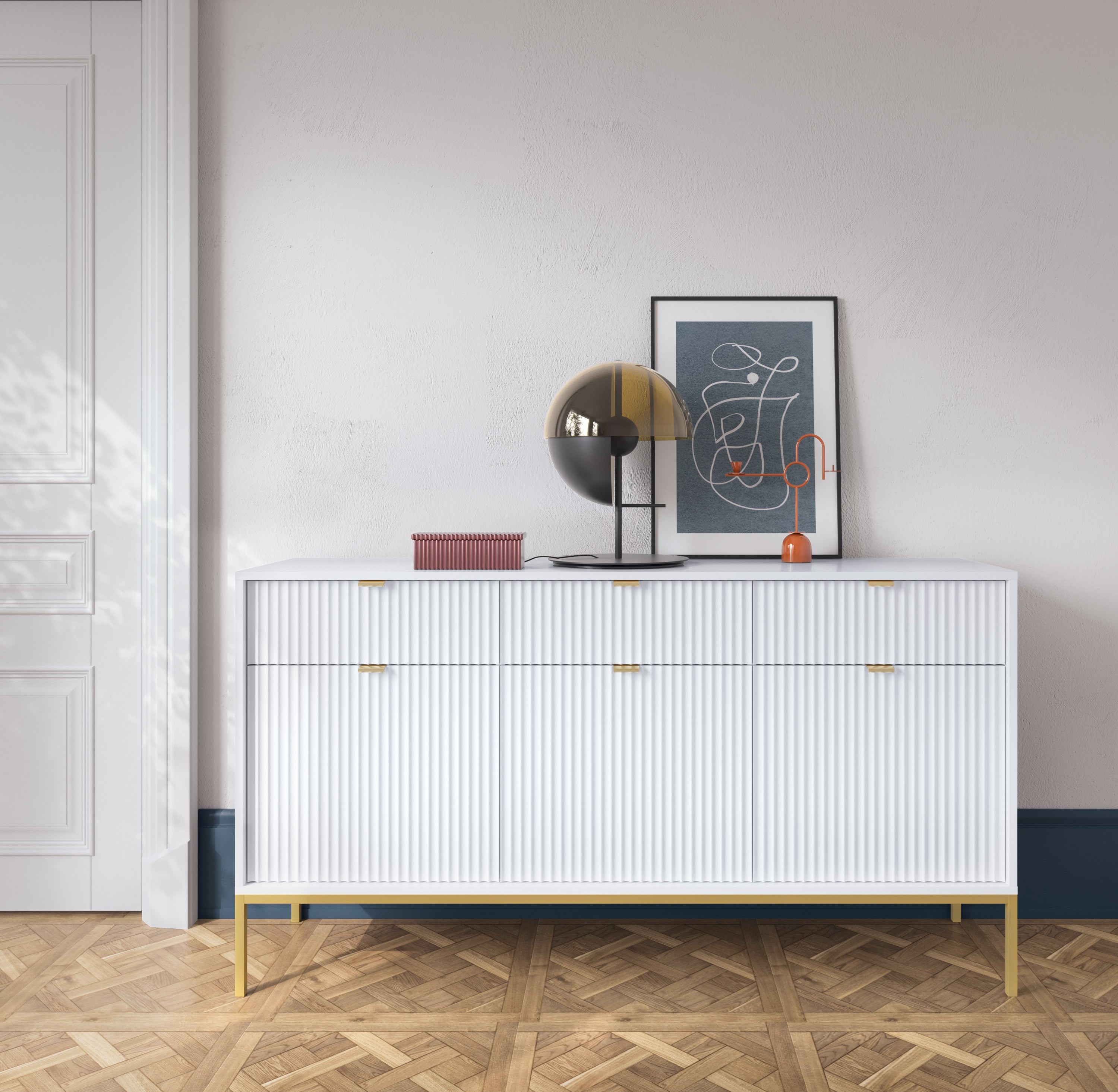Buffet avec pieds en métal 3 portes et 3 tiroirs en bois laminé Miseno 154x83 cm