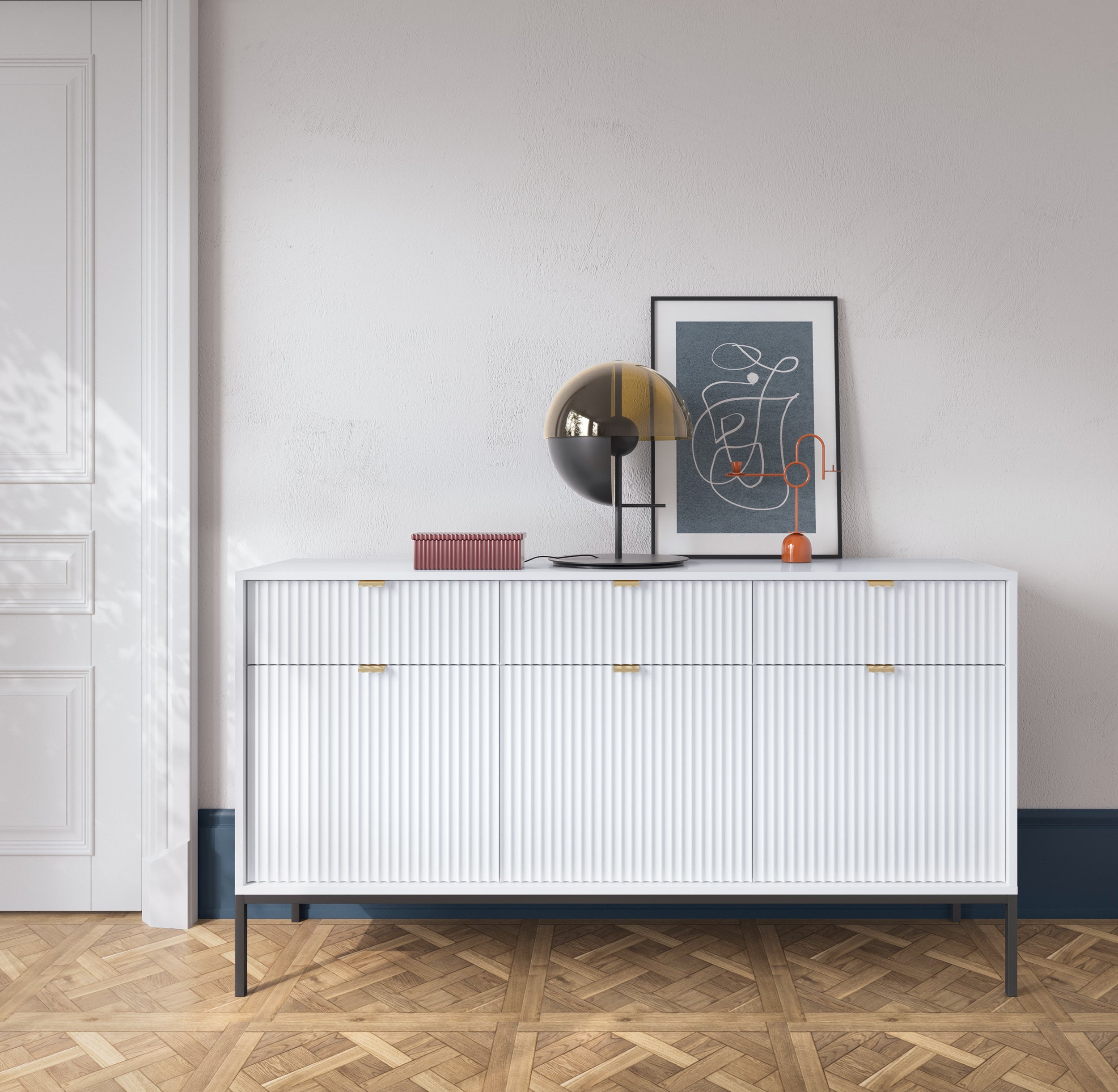 Buffet blanche 3 portes 3 tiroirs en bois laminé avec pieds en métal Miseno 154x83 cm