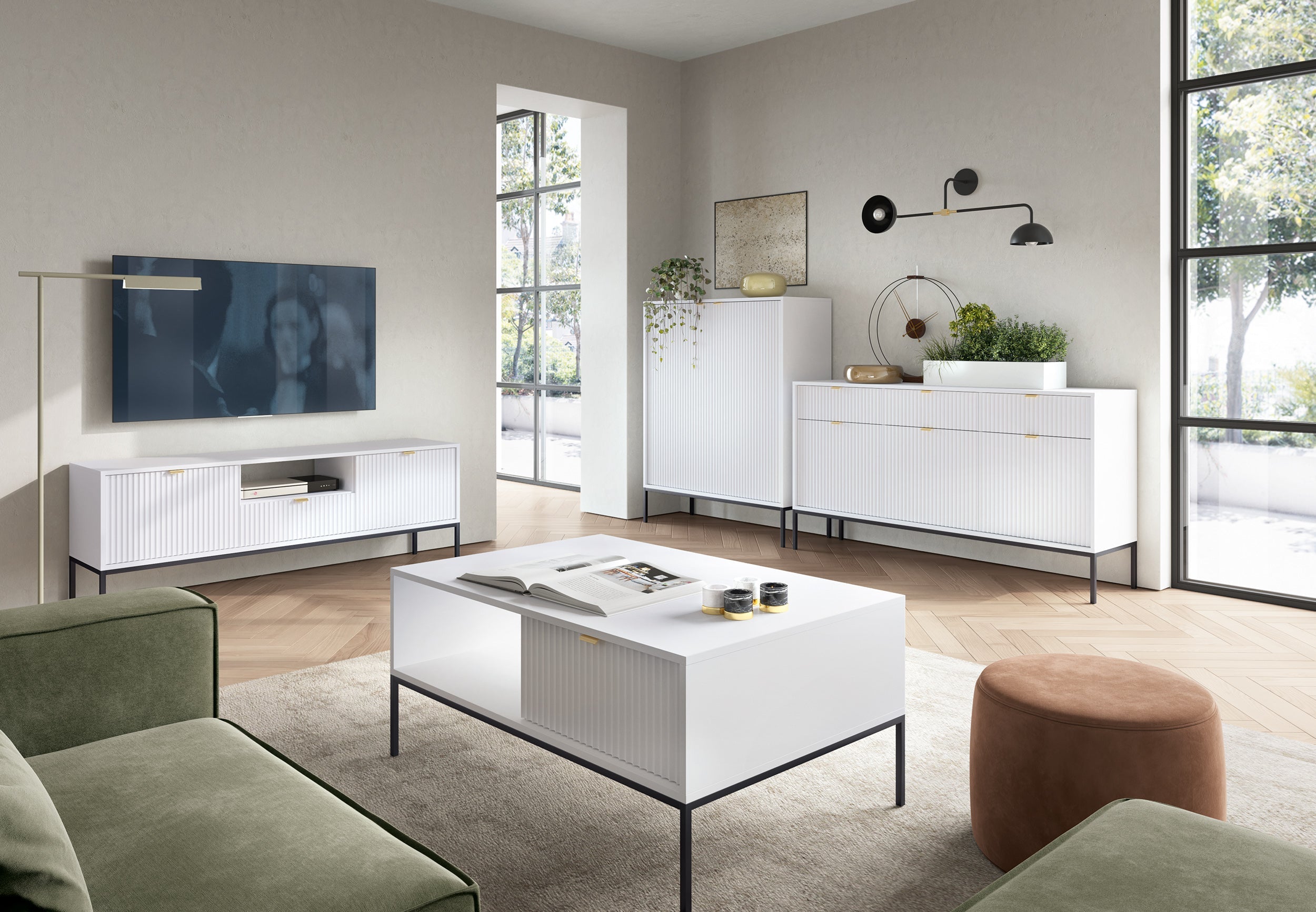 Buffet 2 portes en bois laminé avec pieds en métal blanc Miseno 104x125 cm