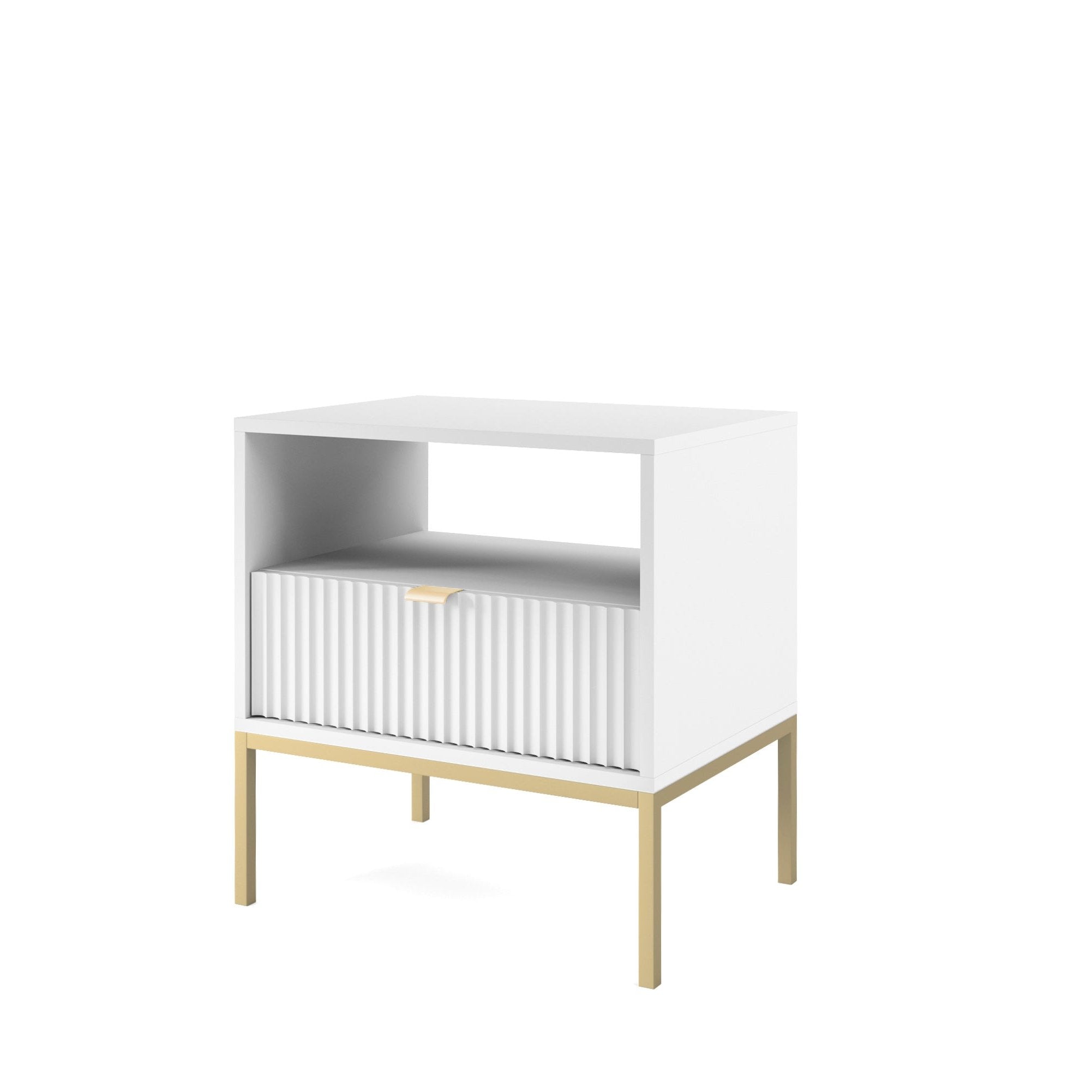 Table de chevet avec pieds en métal et 1 tiroir en bois laminé Miseno 54x56 cm