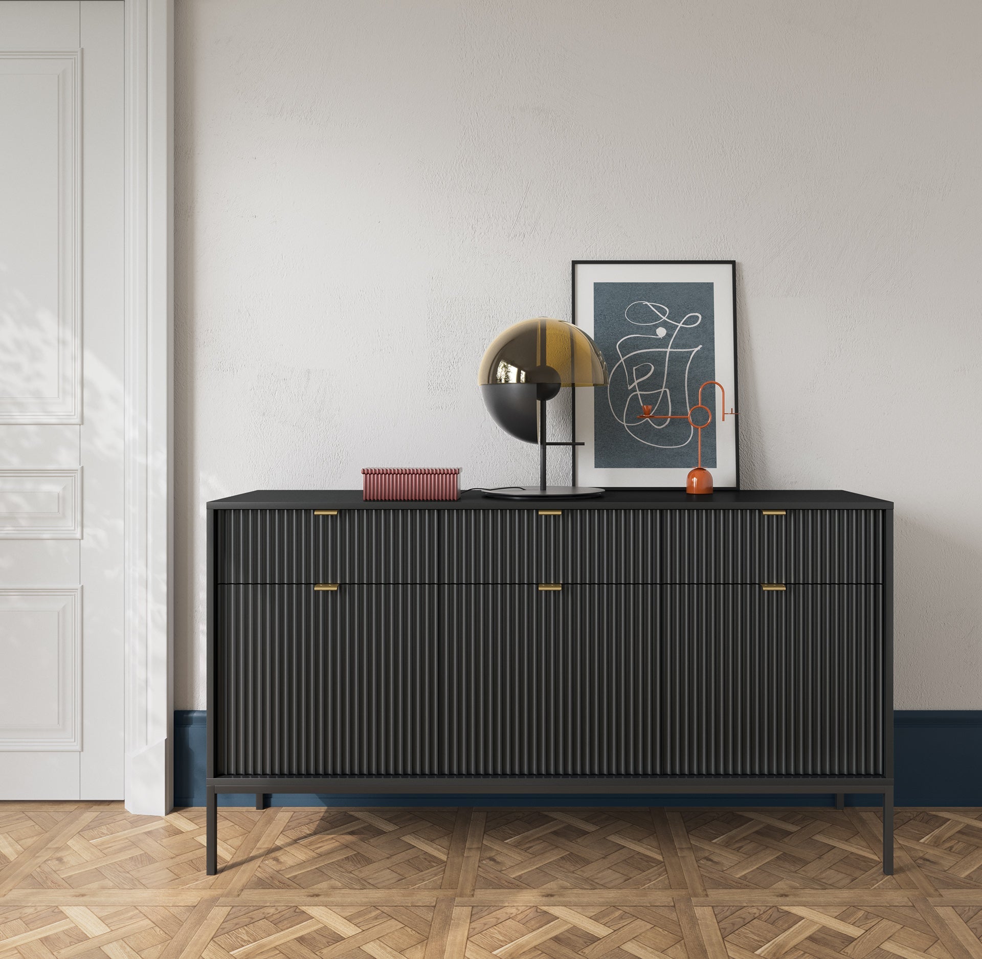 Buffet avec pieds en métal 3 portes et 3 tiroirs en bois laminé Miseno 154x83 cm