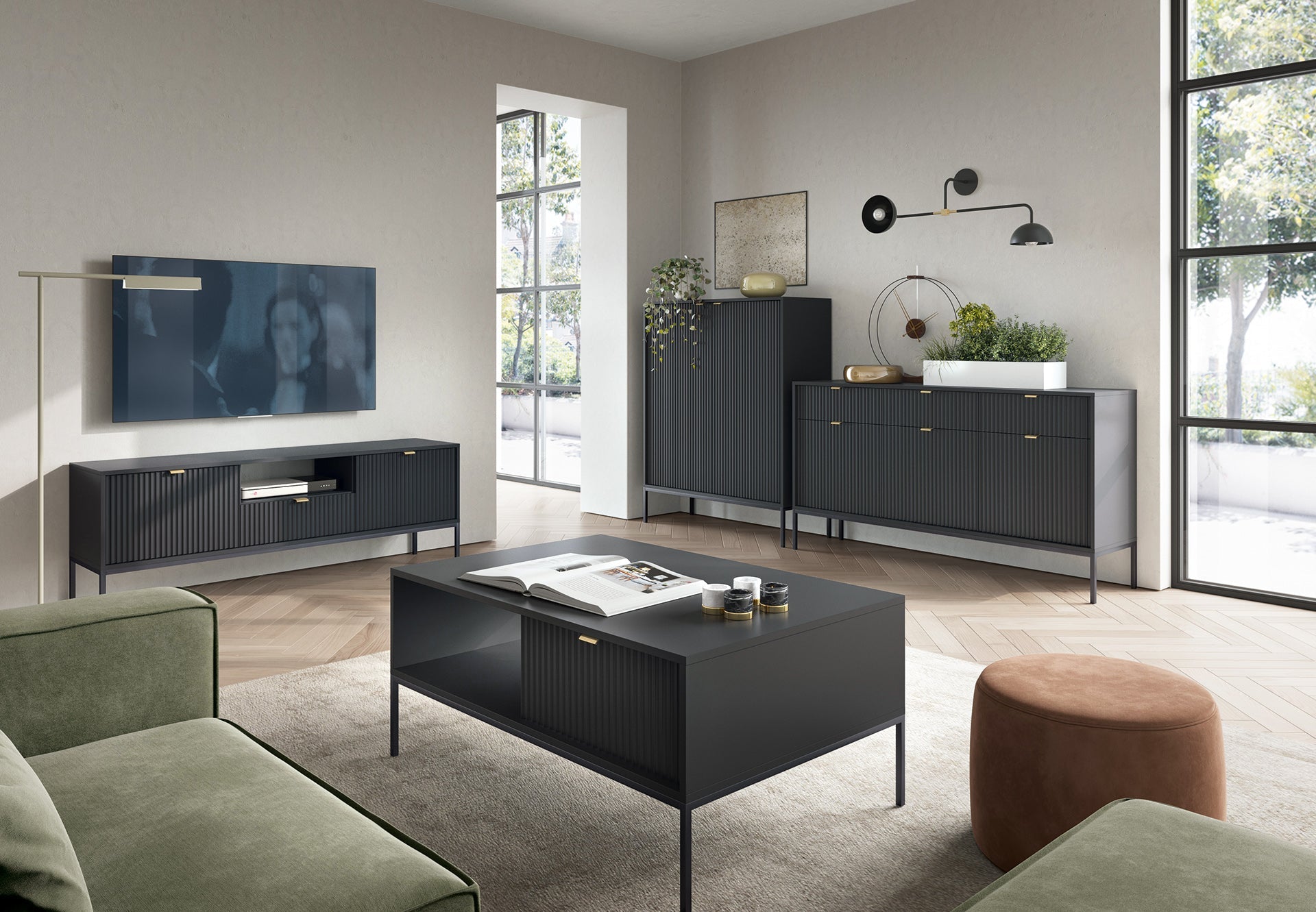 Buffet 2 portes en bois stratifié avec pieds en métal noir Miseno 104x125 cm