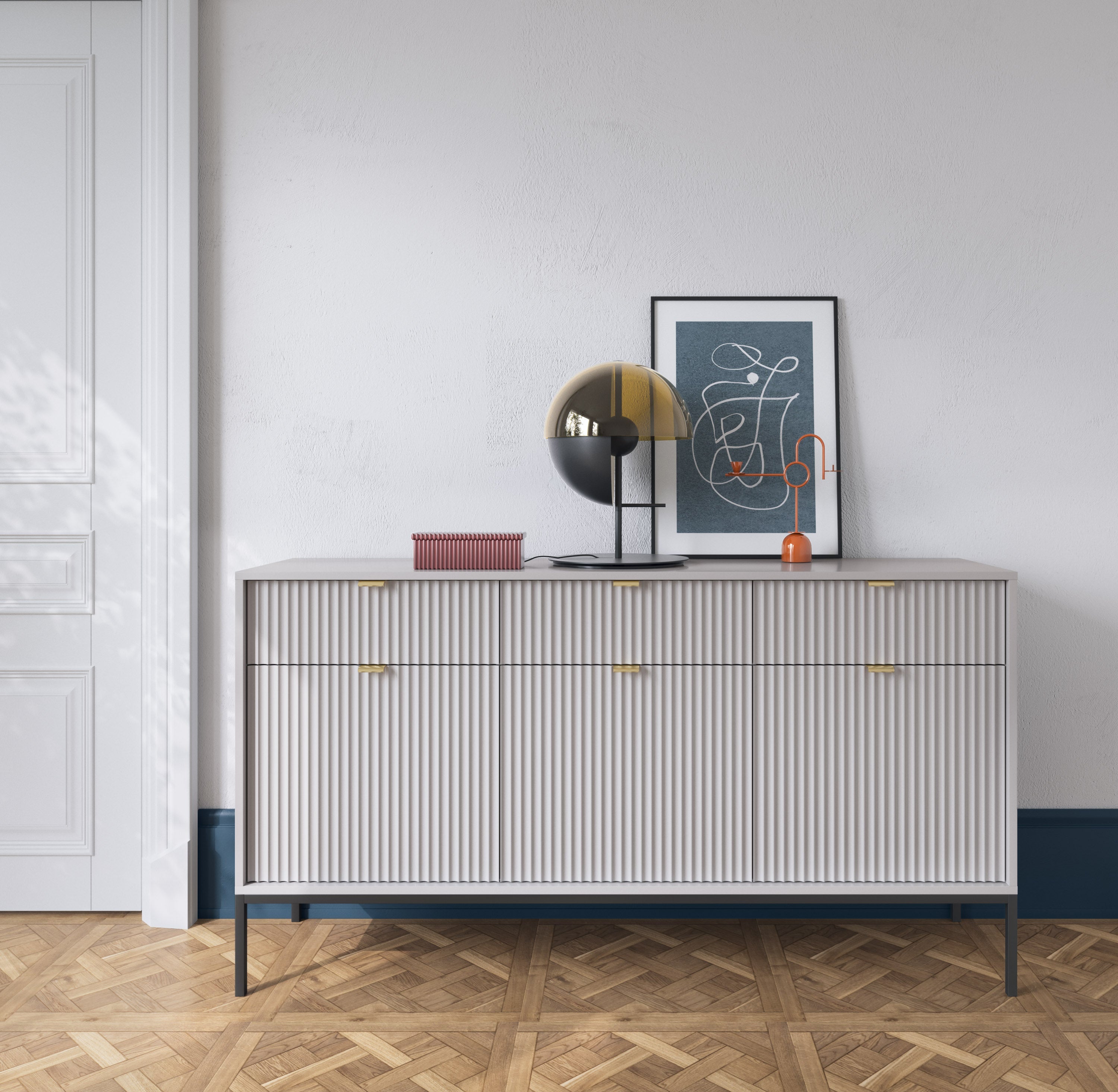 Buffet avec pieds en métal 3 portes et 3 tiroirs en bois laminé Miseno 154x83 cm
