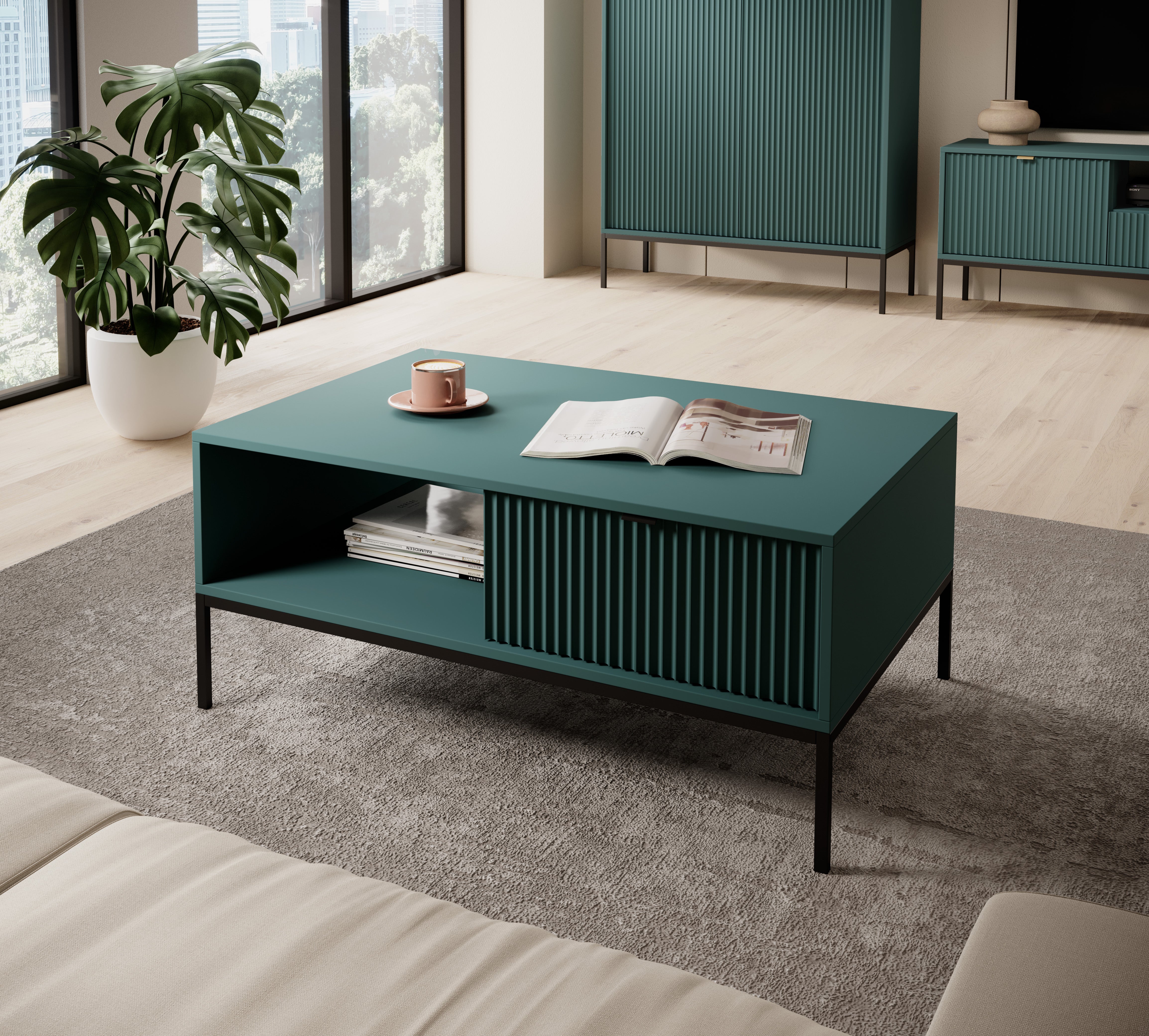 Table basse avec pieds en métal 1 tiroir et 1 compartiment en bois laminé Miseno 104x68 cm