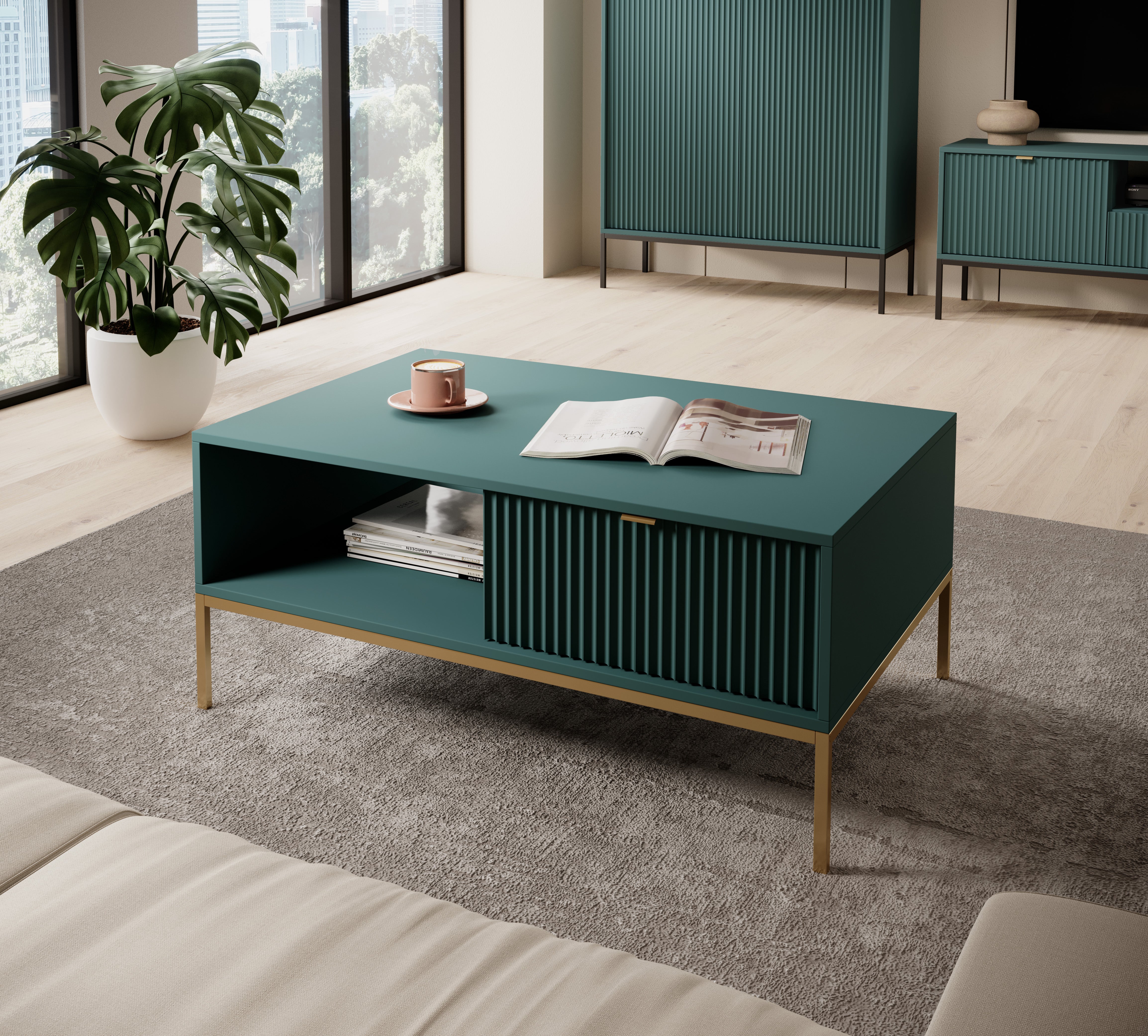 Table basse avec pieds en métal 1 tiroir et 1 compartiment en bois laminé Miseno 104x68 cm