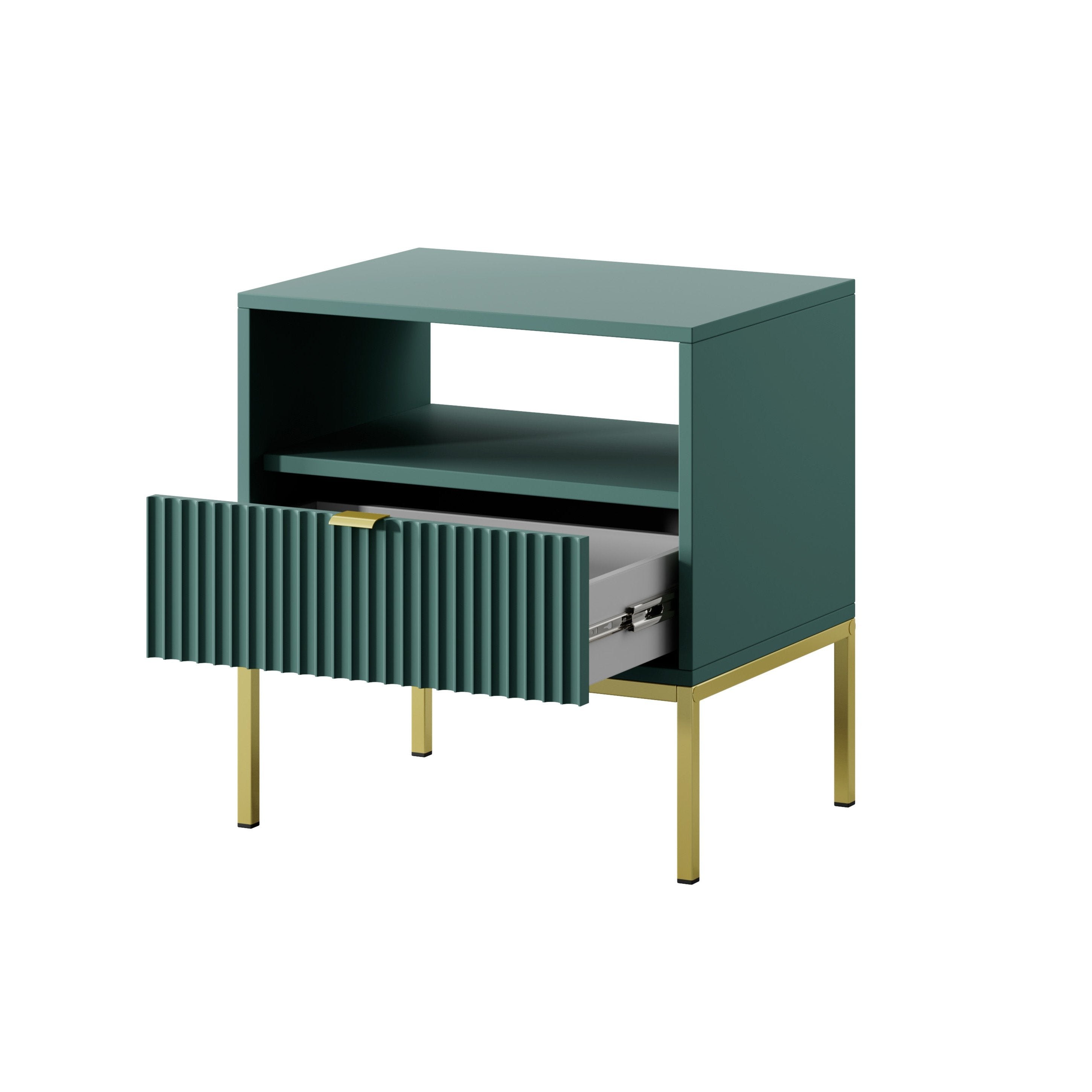 Table de chevet avec pieds en métal et 1 tiroir en bois laminé Miseno 54x56 cm