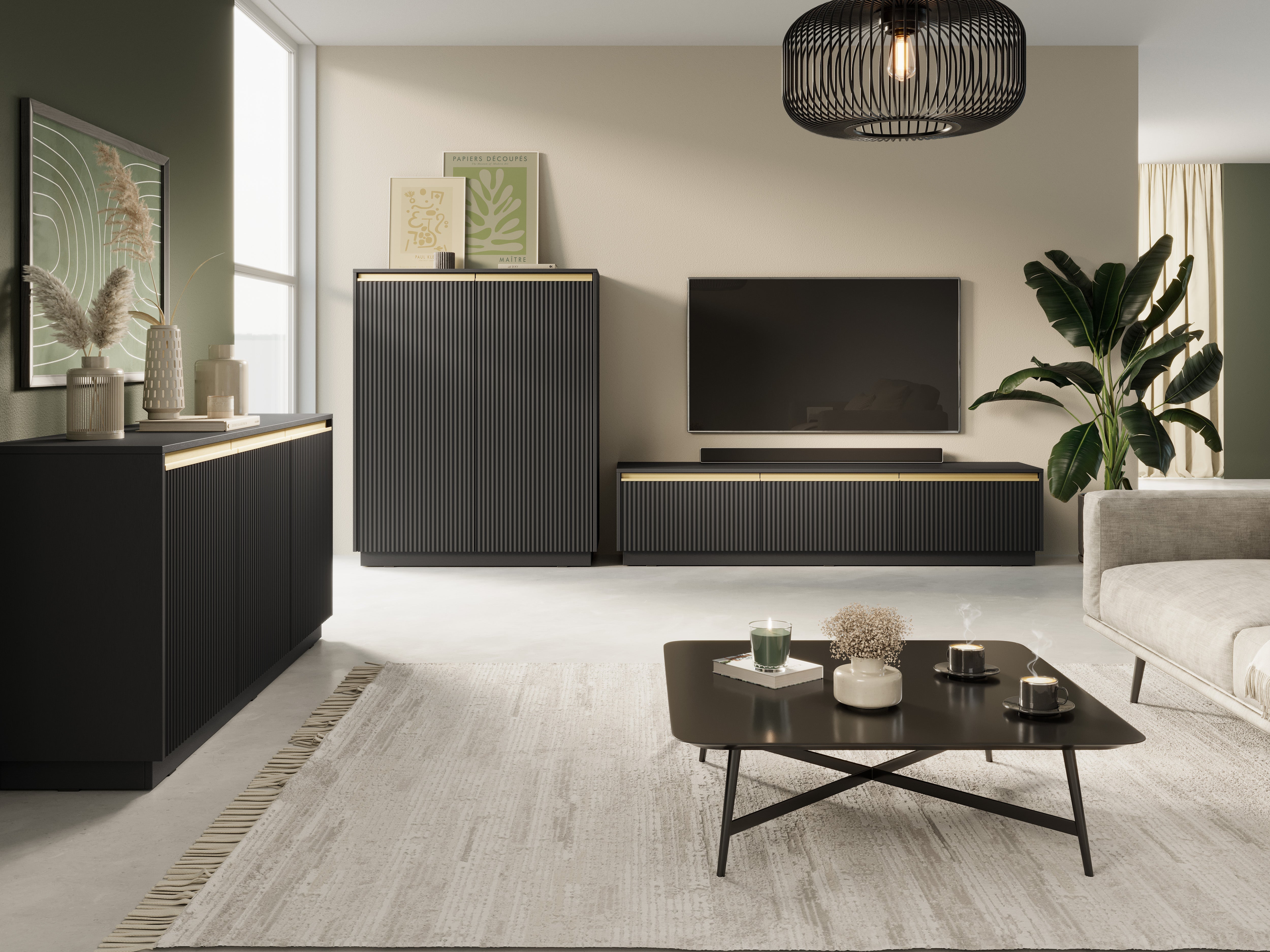 Buffet 3 portes en bois laminé doré 154x72 cm