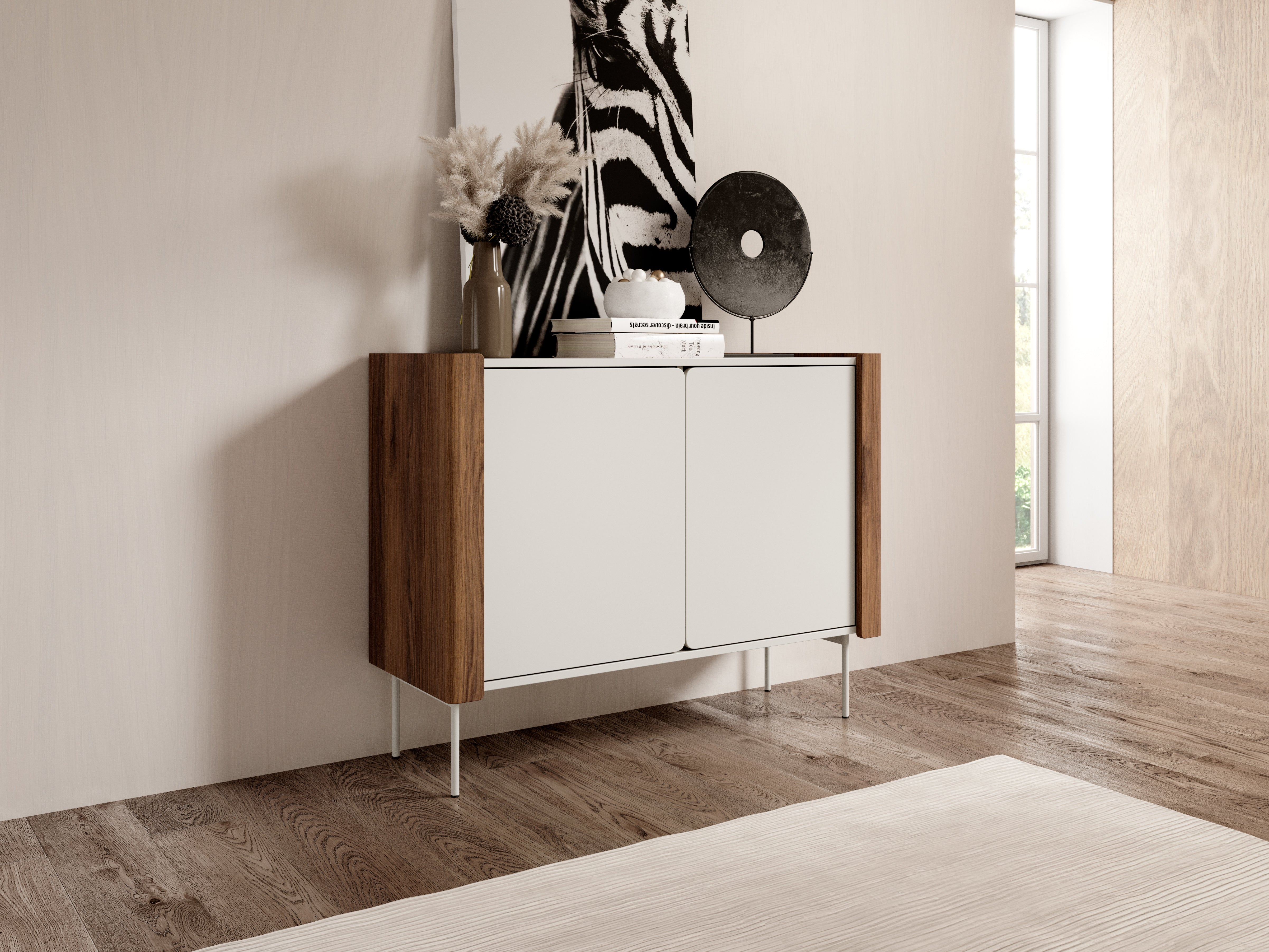 Buffet 2 portes en bois laminé noyer et cachemire Lumia 105x82 cm
