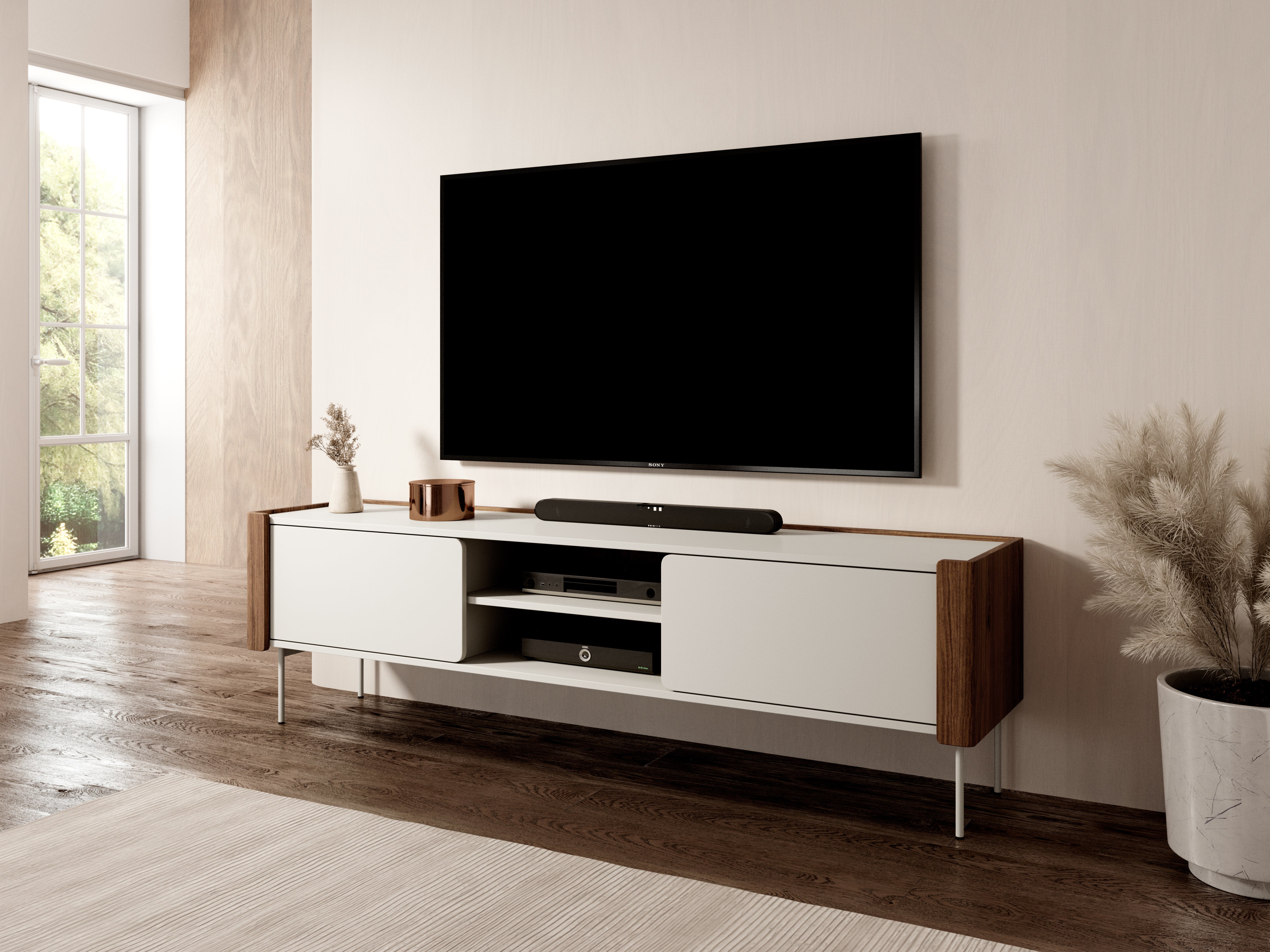 Meuble TV 2 portes en bois laminé noyer et cachemire Lumia 180x52 cm