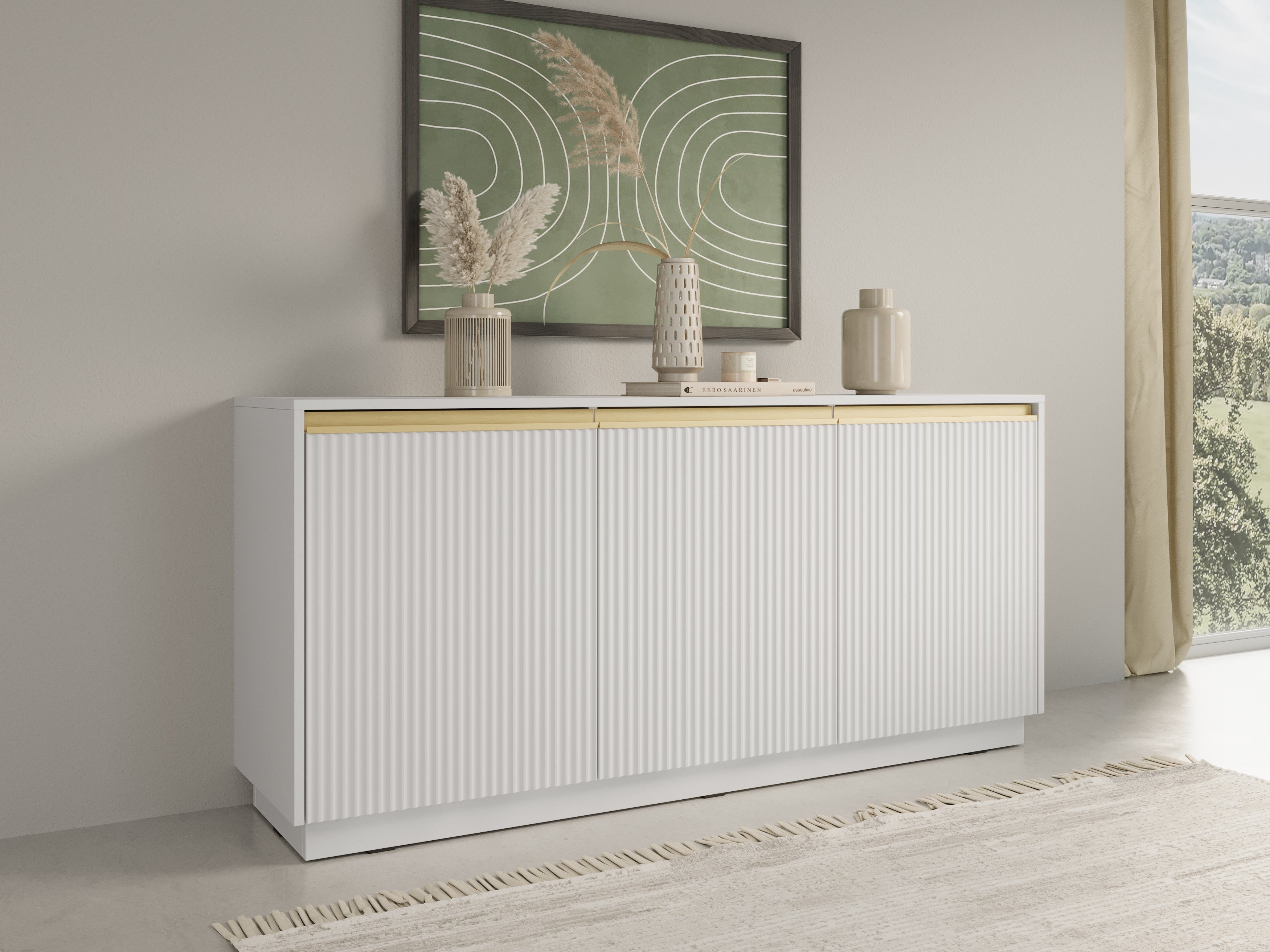 Buffet 3 portes en bois laminé doré 154x72 cm