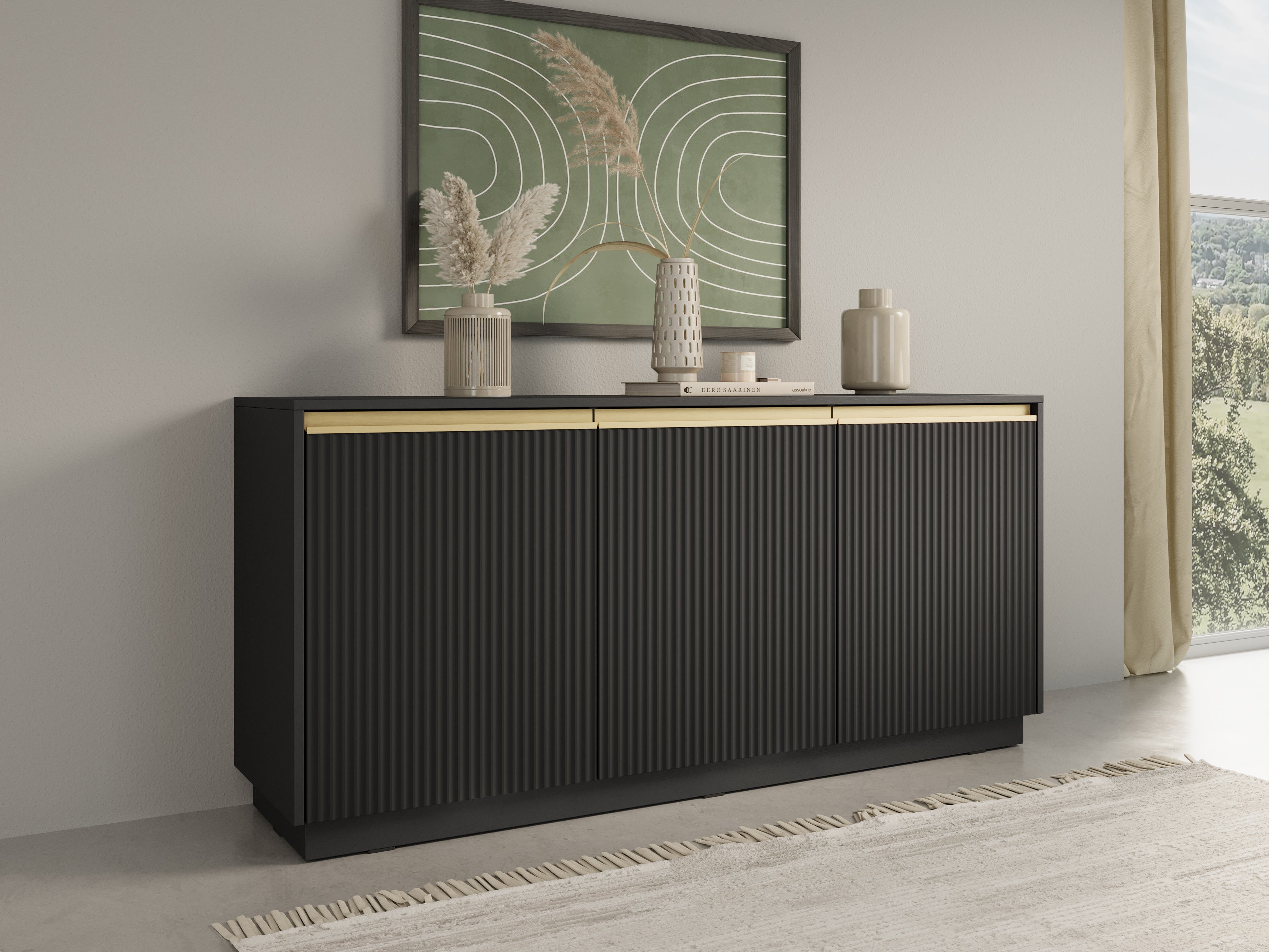 Buffet 3 portes en bois laminé doré 154x72 cm