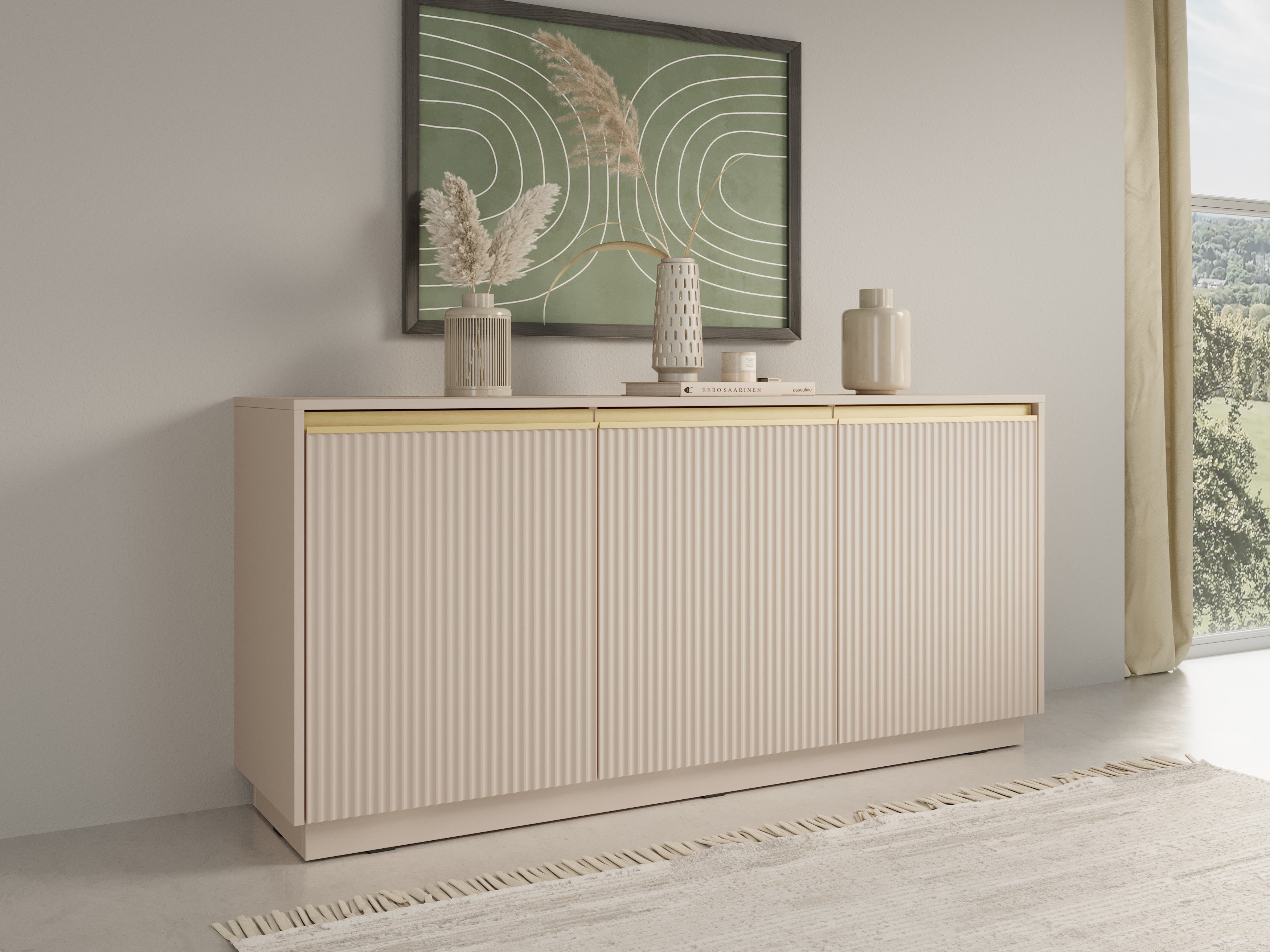 Buffet 3 portes en bois laminé doré 154x72 cm