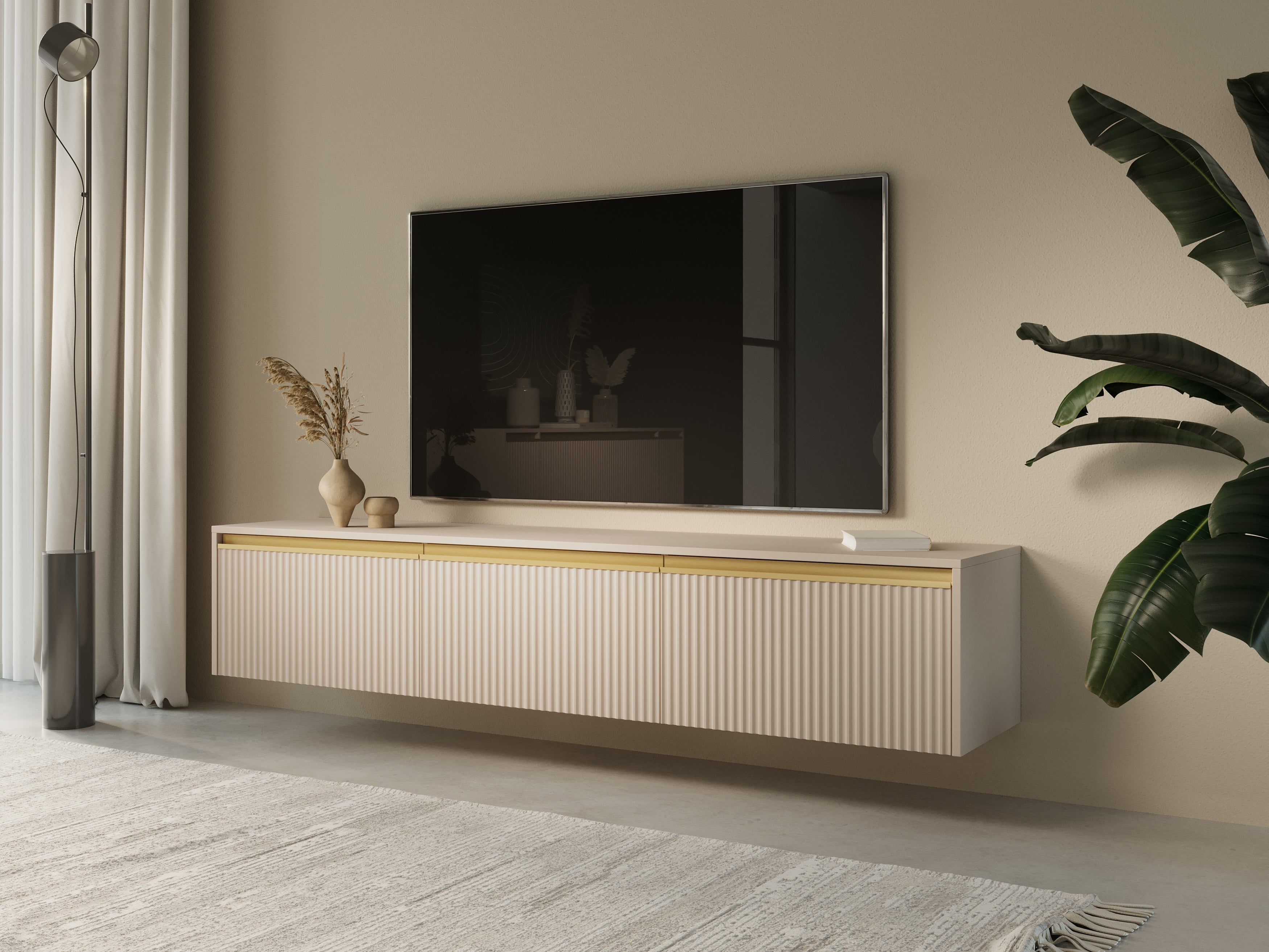Meuble TV 3 portes en bois laminé doré 180x42 cm