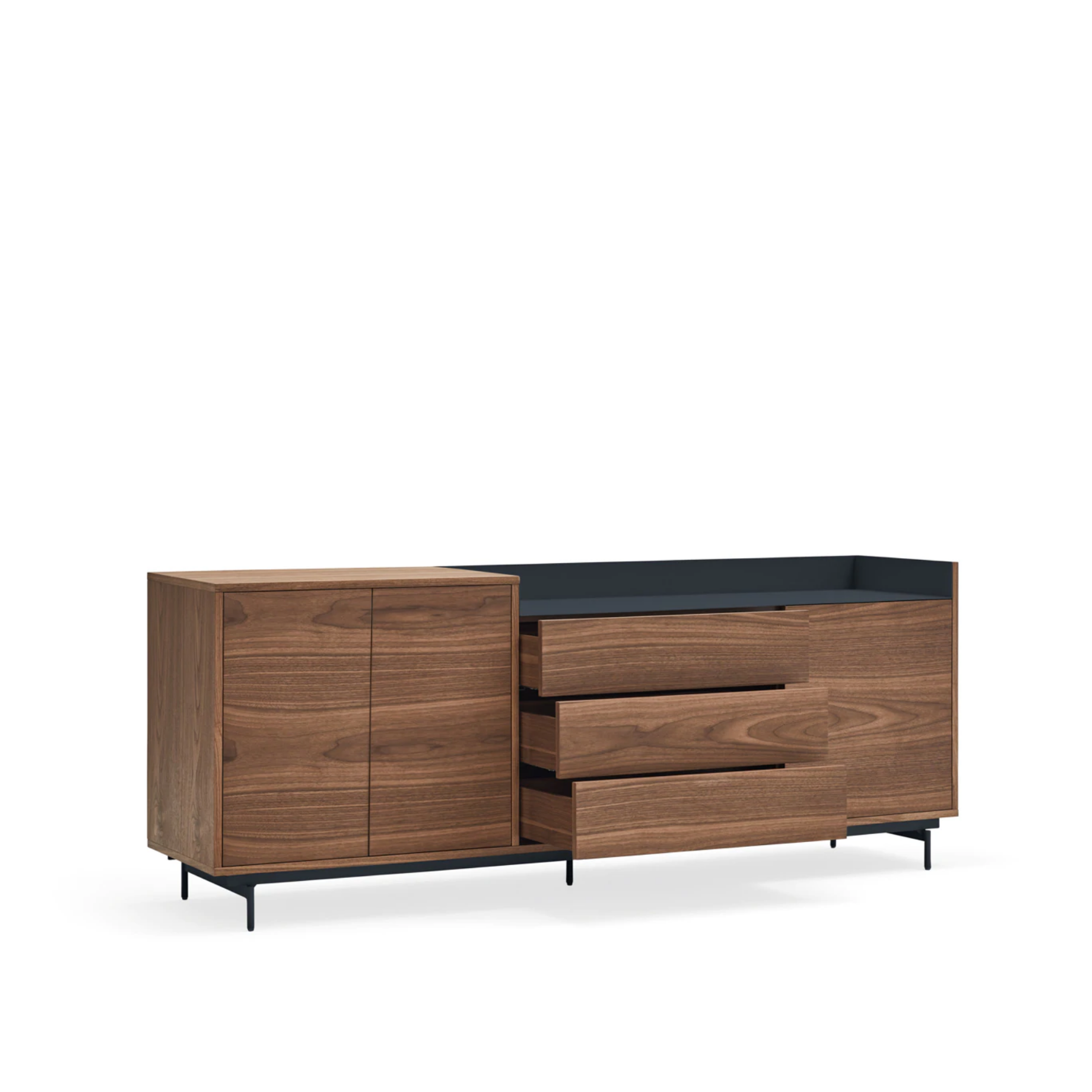 Buffet 3 portes 3 tiroirs 200x45 cm Valley de Teulat noyer/bleu