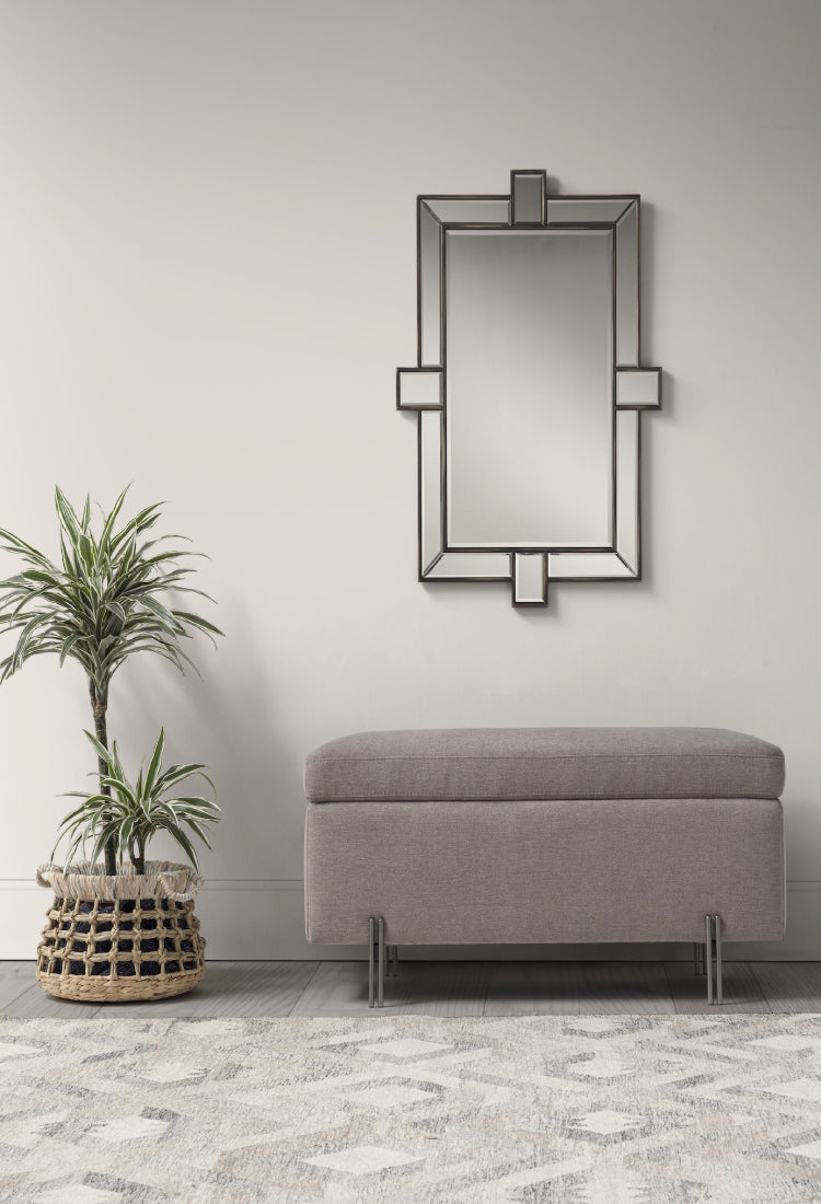 Banc CARAMAGNA 110x45 cm rangement Made in Italy matelassé en tissu chenille gris tourterelle