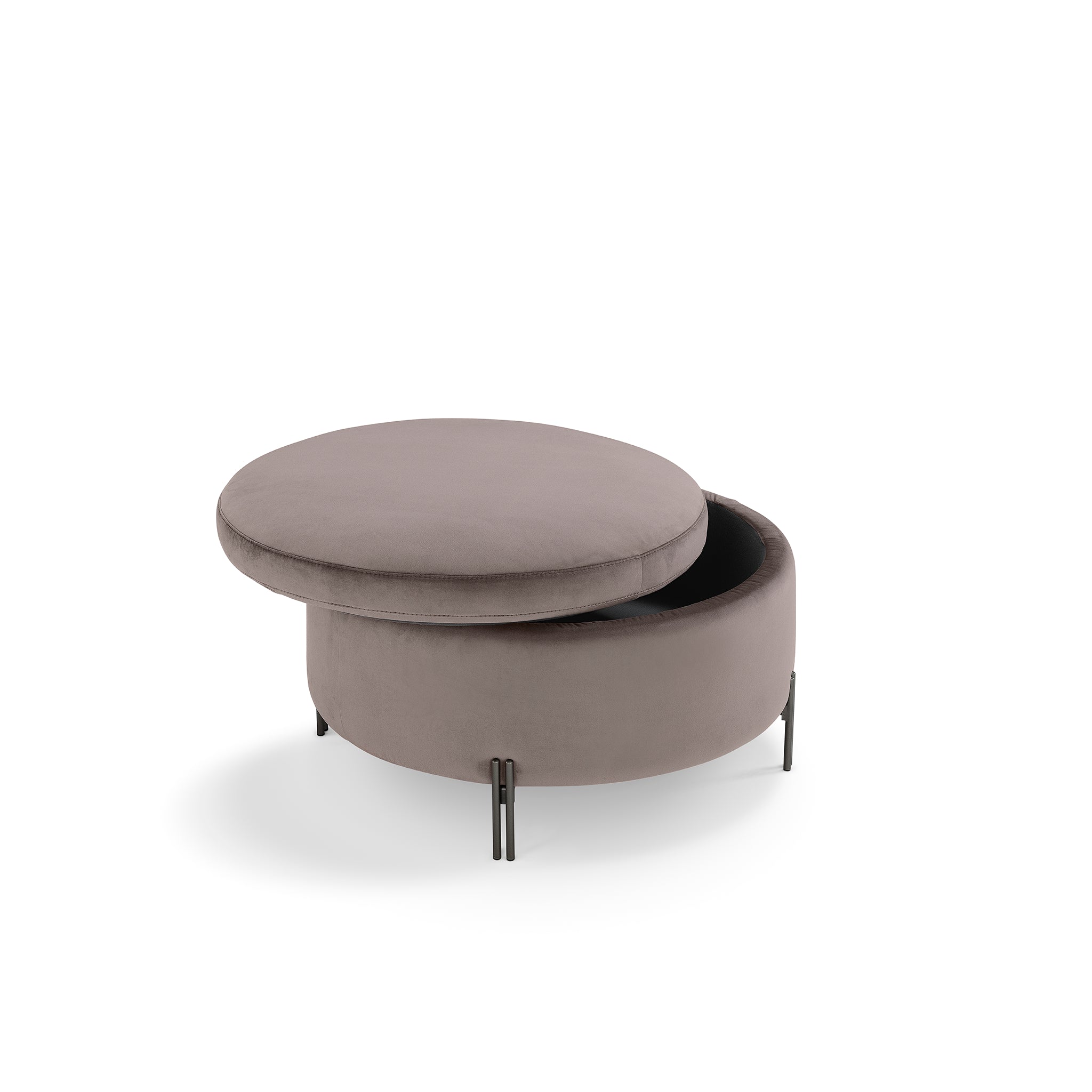 Pouf rangement rond Made in Italy en velours gris tourterelle avec pieds en métal - Peglia