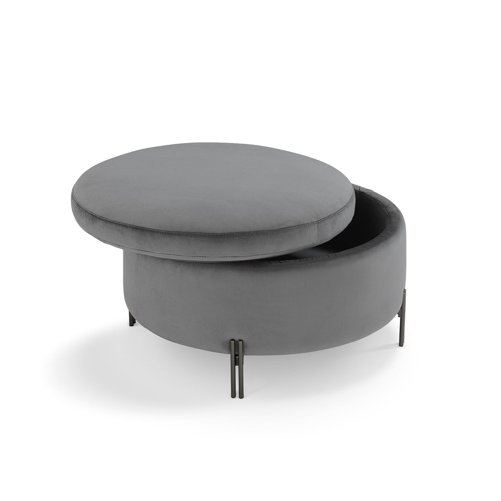 Pouf rangement rond Made in Italy en velours gris avec pieds en métal Peglia