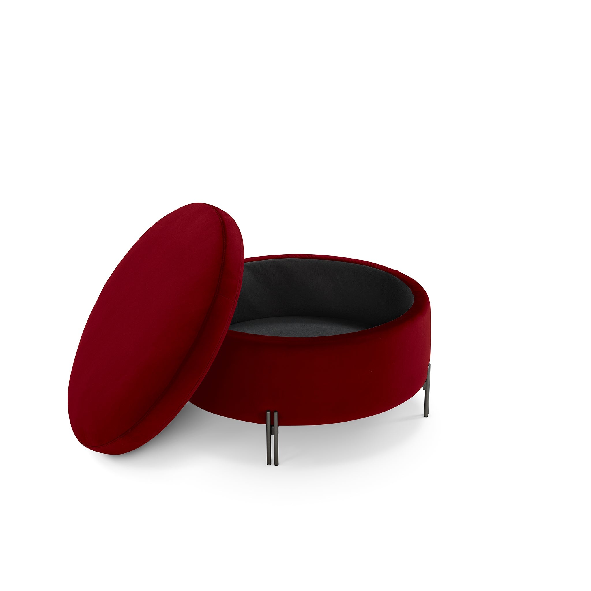 Pouf Peglia de rangement Made in Italy rond en velours bordeaux avec pieds en métal