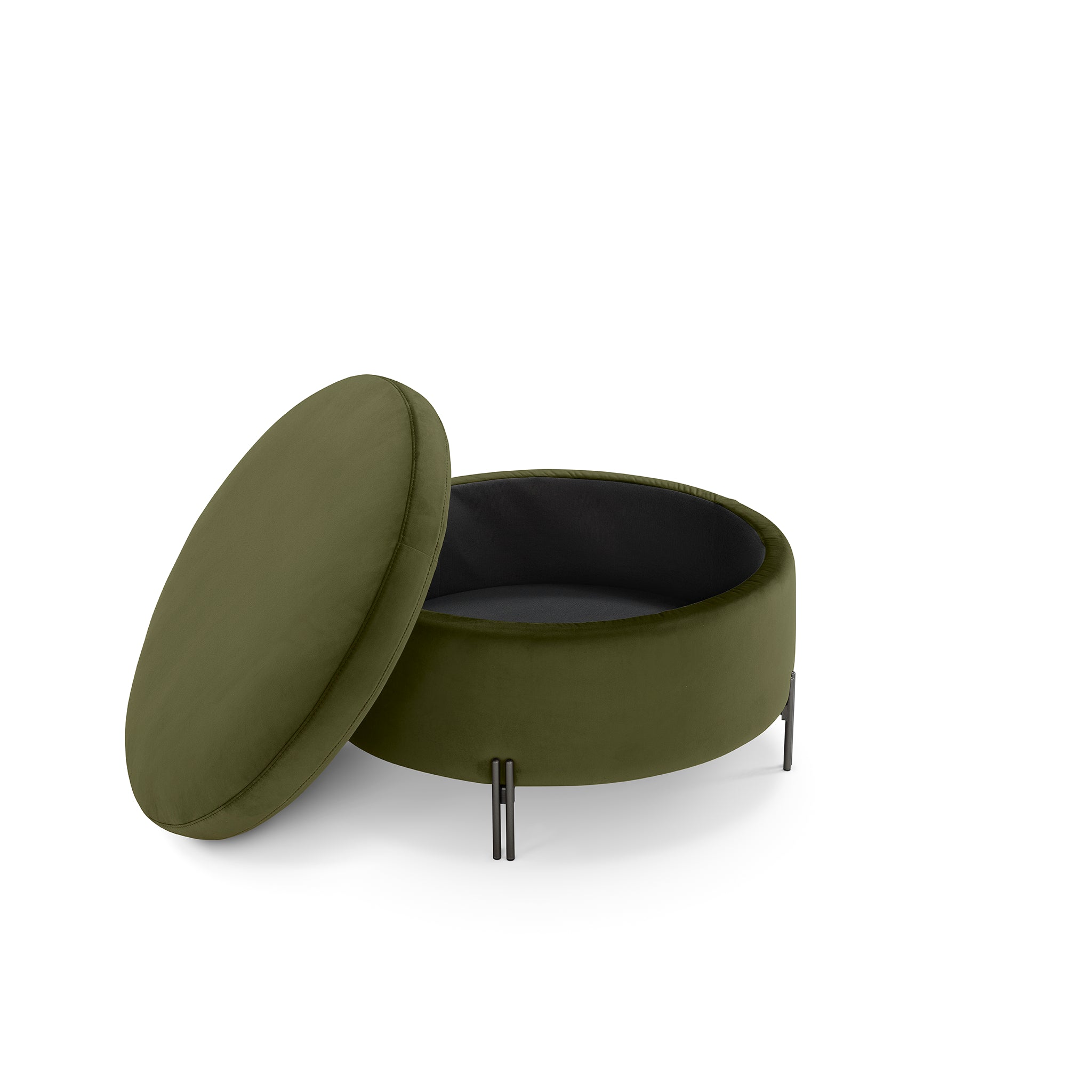 Pouf rangement rond Made in Italy en velours vert avec pieds en métal Peglia