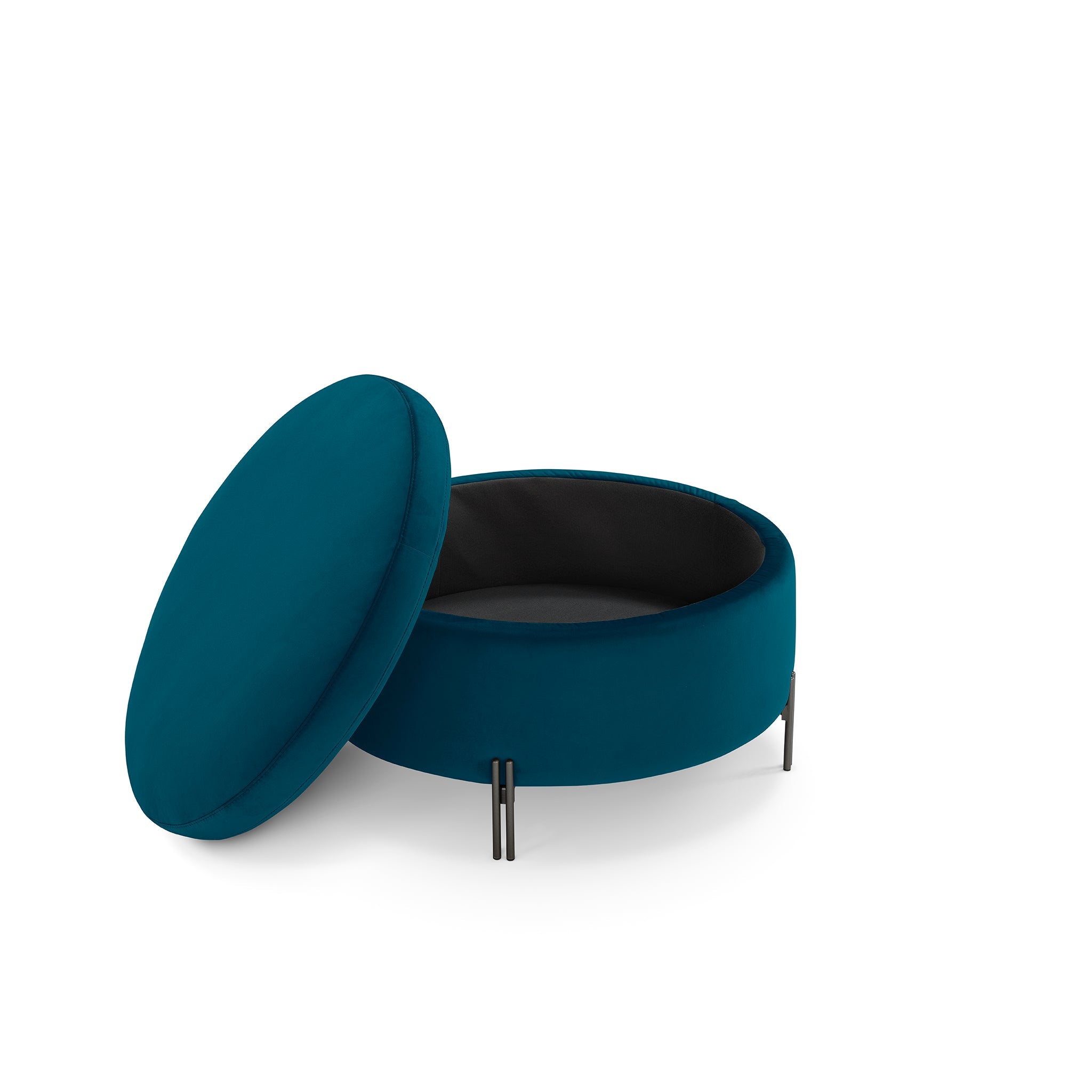 Pouf rangement rond Made in Italy en velours pétrole avec pieds en métal Peglia