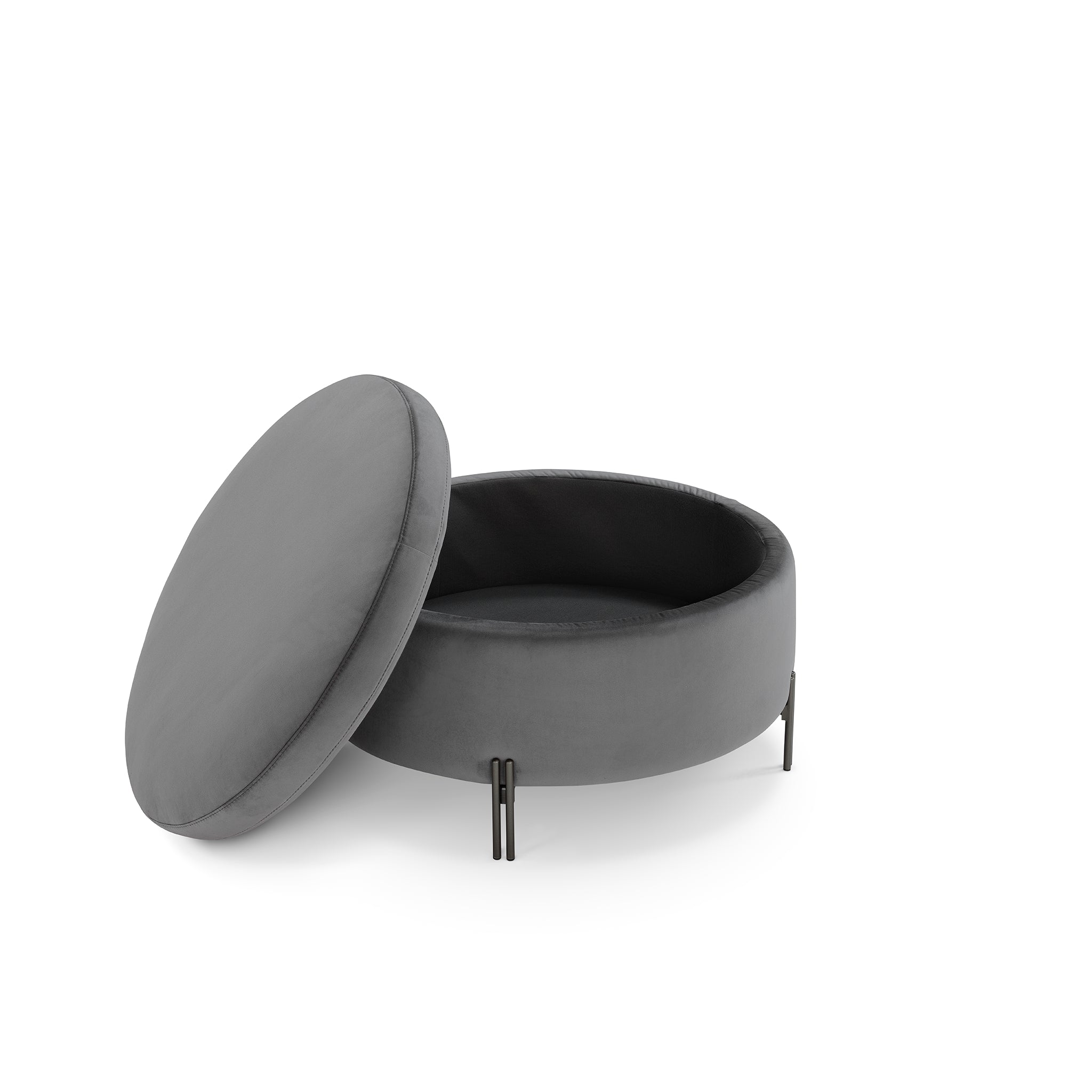 Pouf rangement rond Made in Italy en velours gris avec pieds en métal Peglia