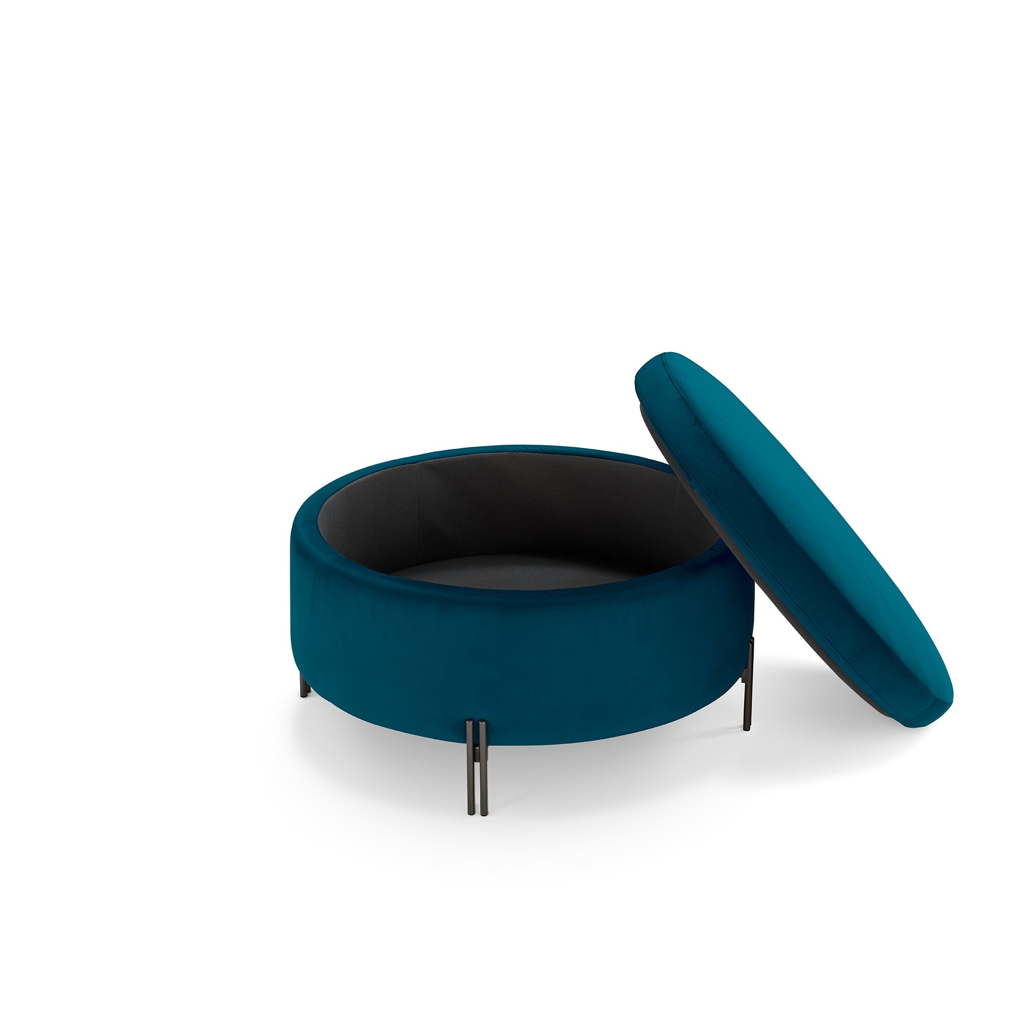 Pouf rangement rond Made in Italy en velours pétrole avec pieds en métal Peglia
