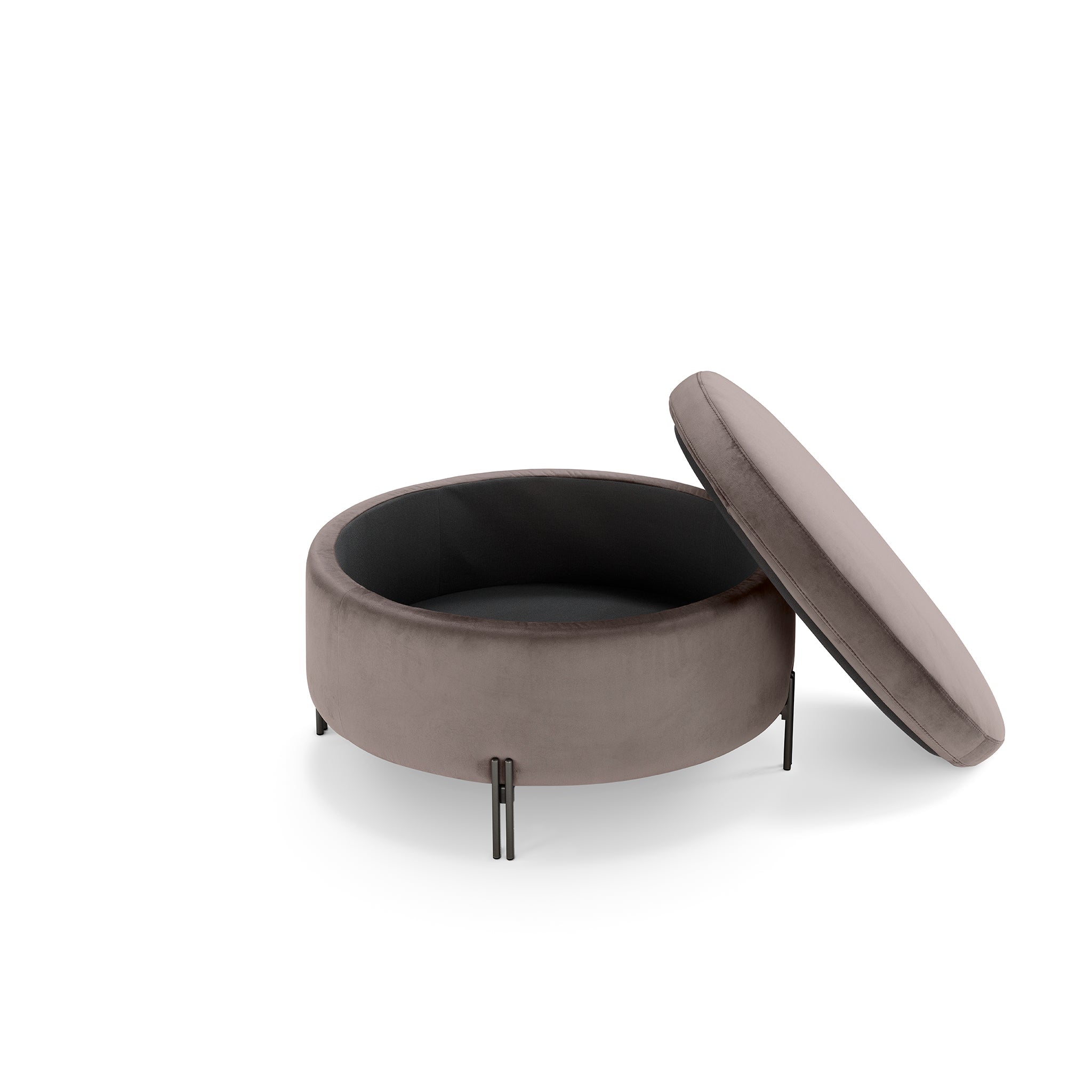 Pouf rangement rond Made in Italy en velours gris tourterelle avec pieds en métal - Peglia