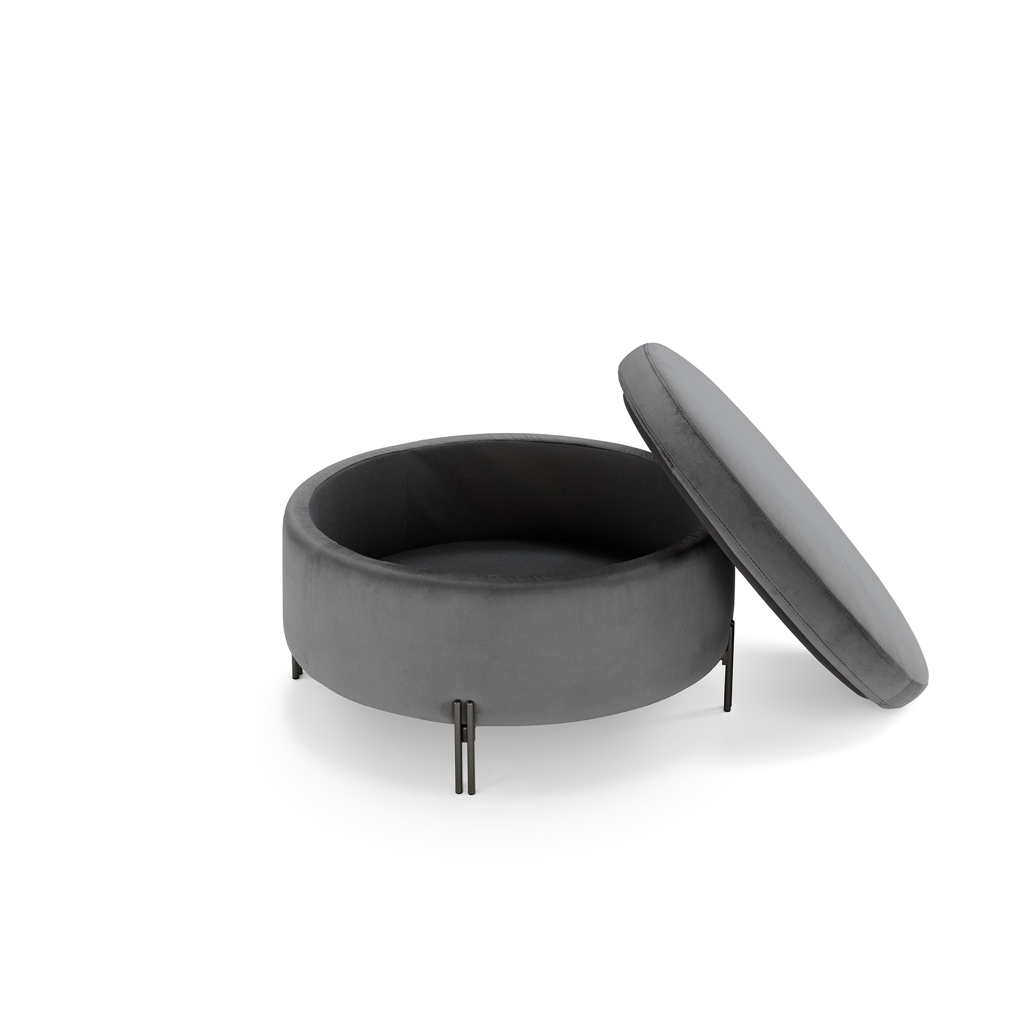 Pouf rangement rond Made in Italy en velours gris avec pieds en métal Peglia