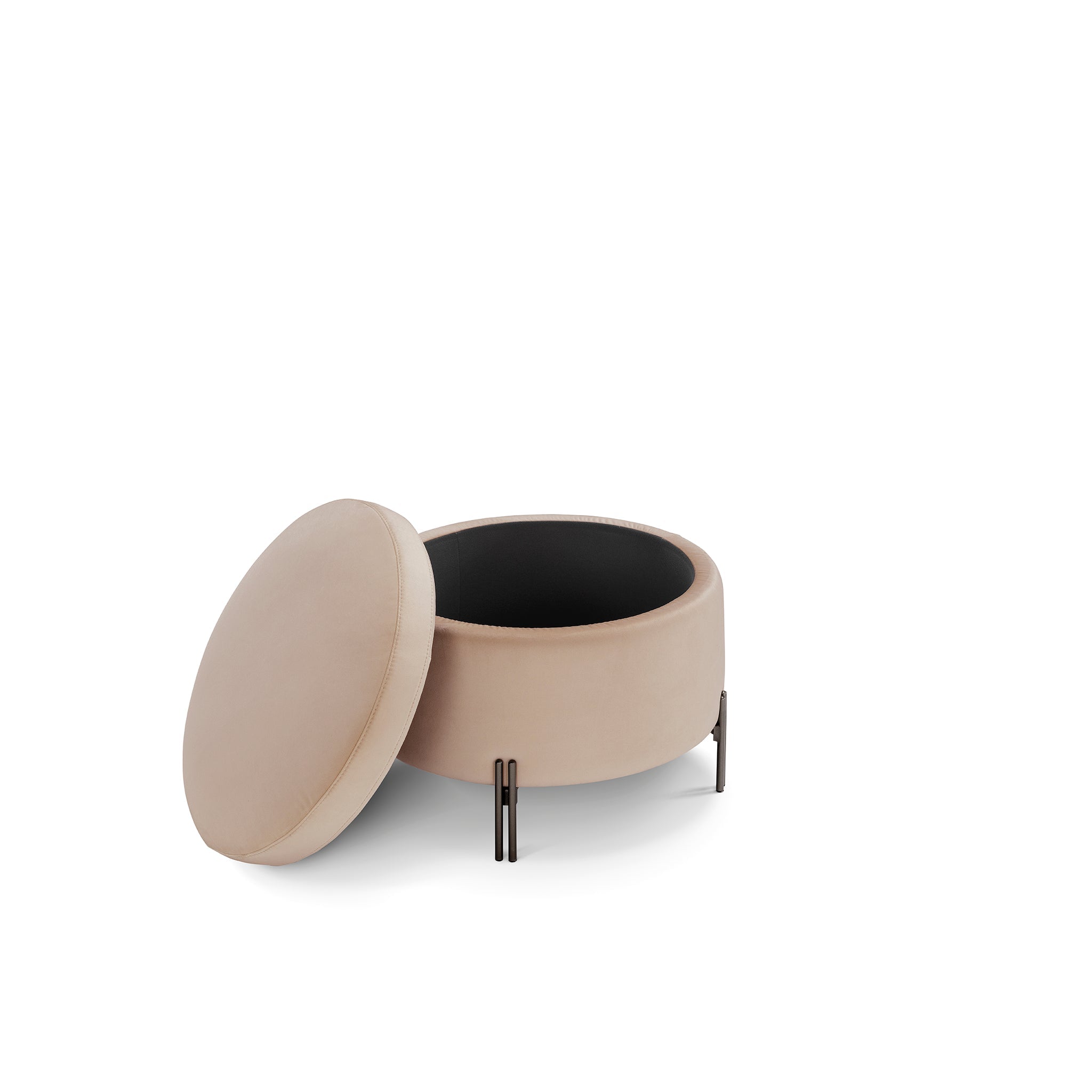 Pouf rangement rond Made in Italy en velours camel avec pieds en métal - Peglia