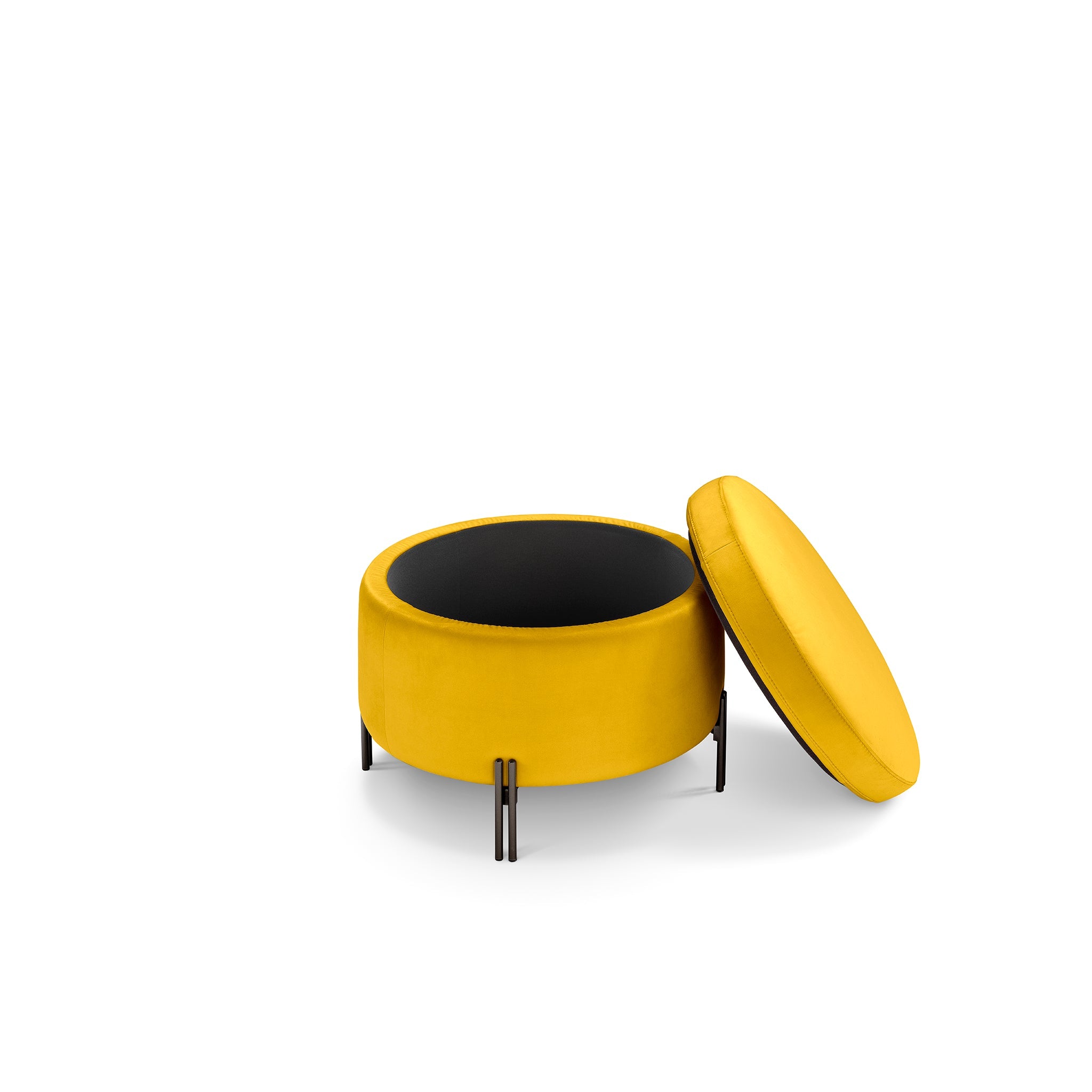 Pouf rangement rond Made in Italy en velours jaune avec pieds en métal - Peglia