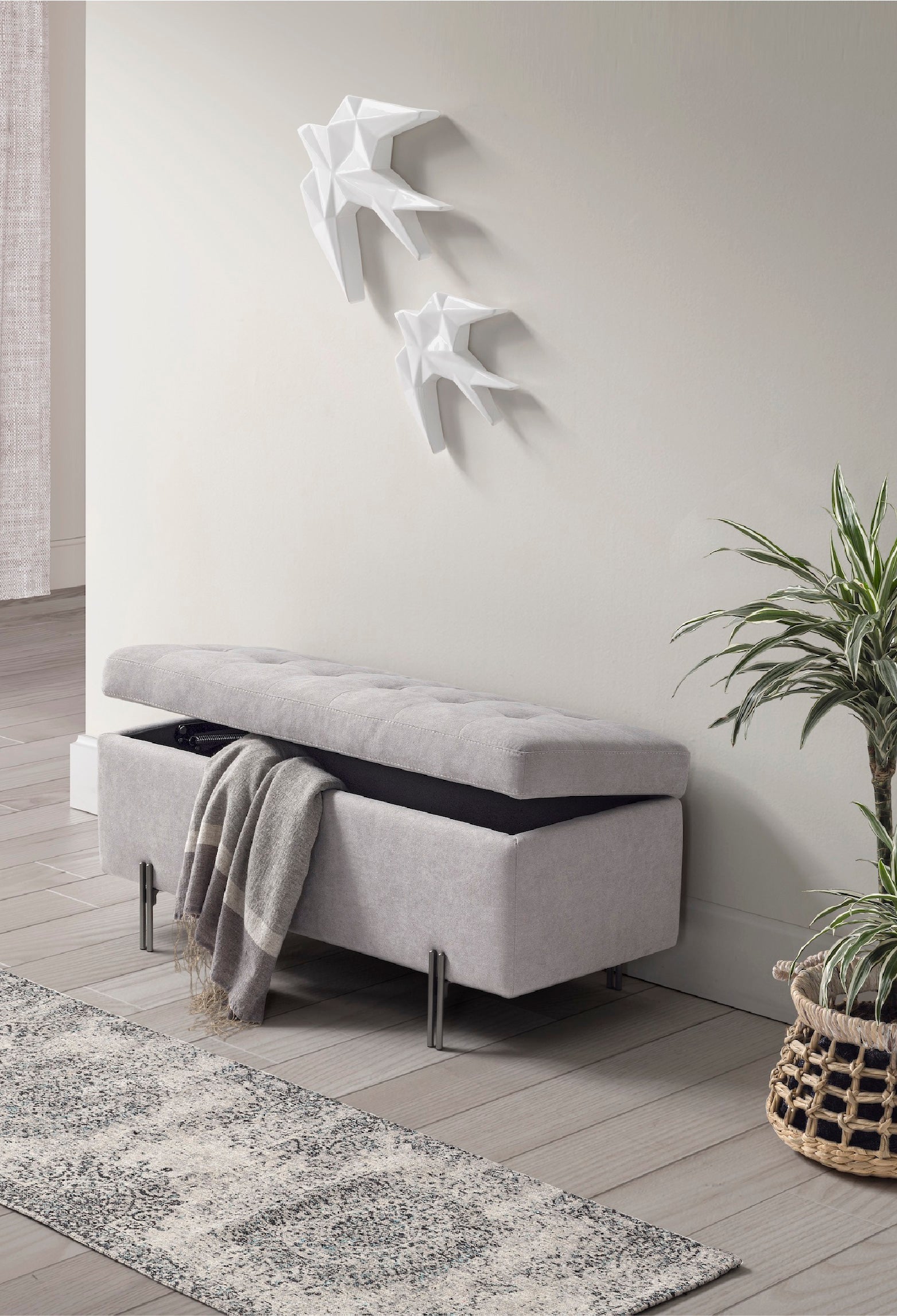 Banc CARAMAGNA 110x45 cm rangement Made in Italy matelassé en tissu chenille gris clair