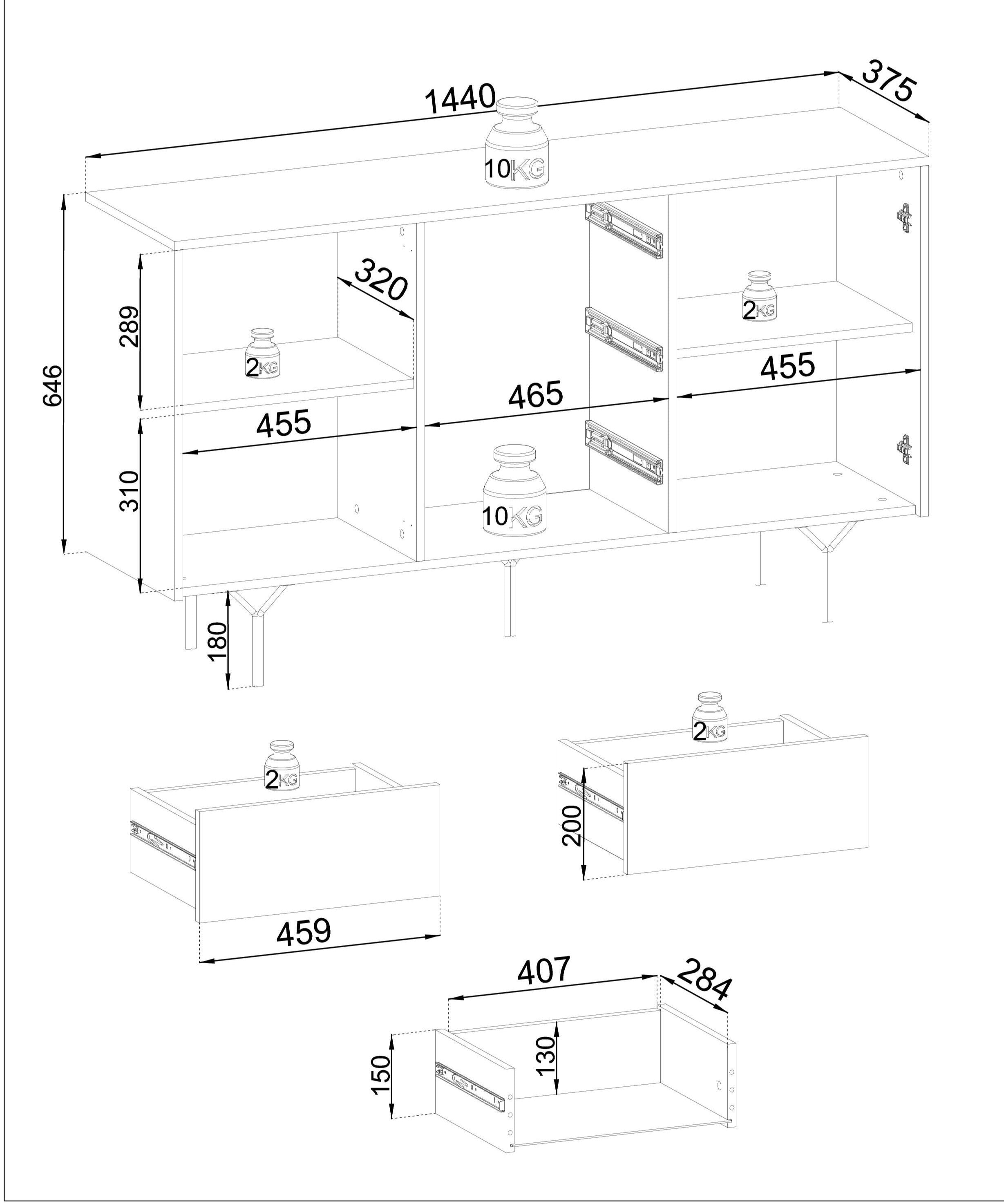 Buffet 2 portes 3 tiroirs en bois laminé Nerea 144x83 cm