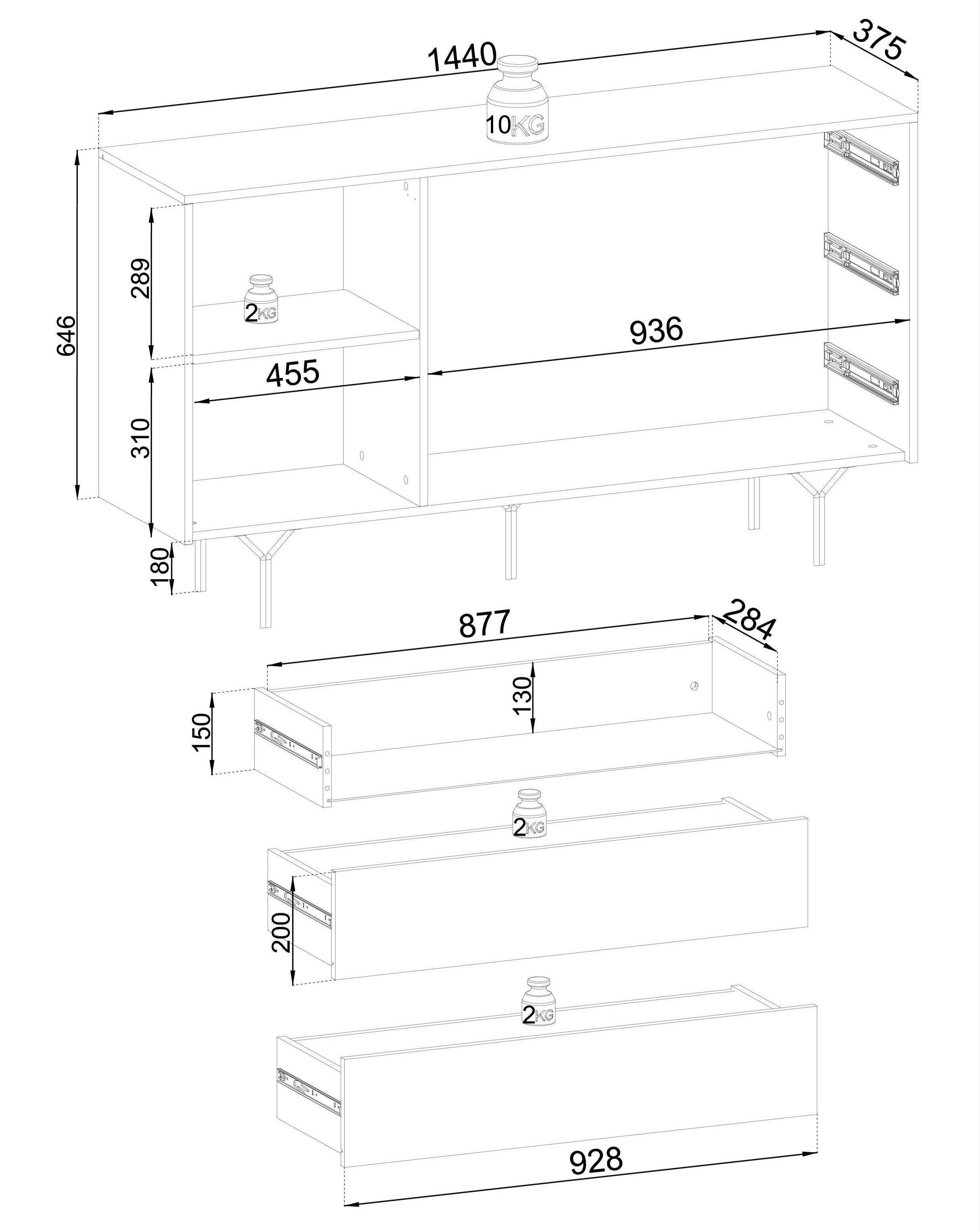 Buffet 1 porte 3 tiroirs en bois laminé Nerea 180x51 cm