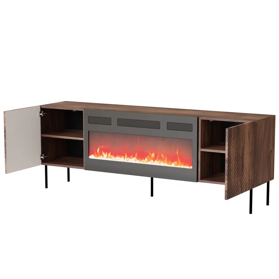 Meuble TV 2 portes noyer pied en métal et cheminée intégrée Deco 191x68 cm