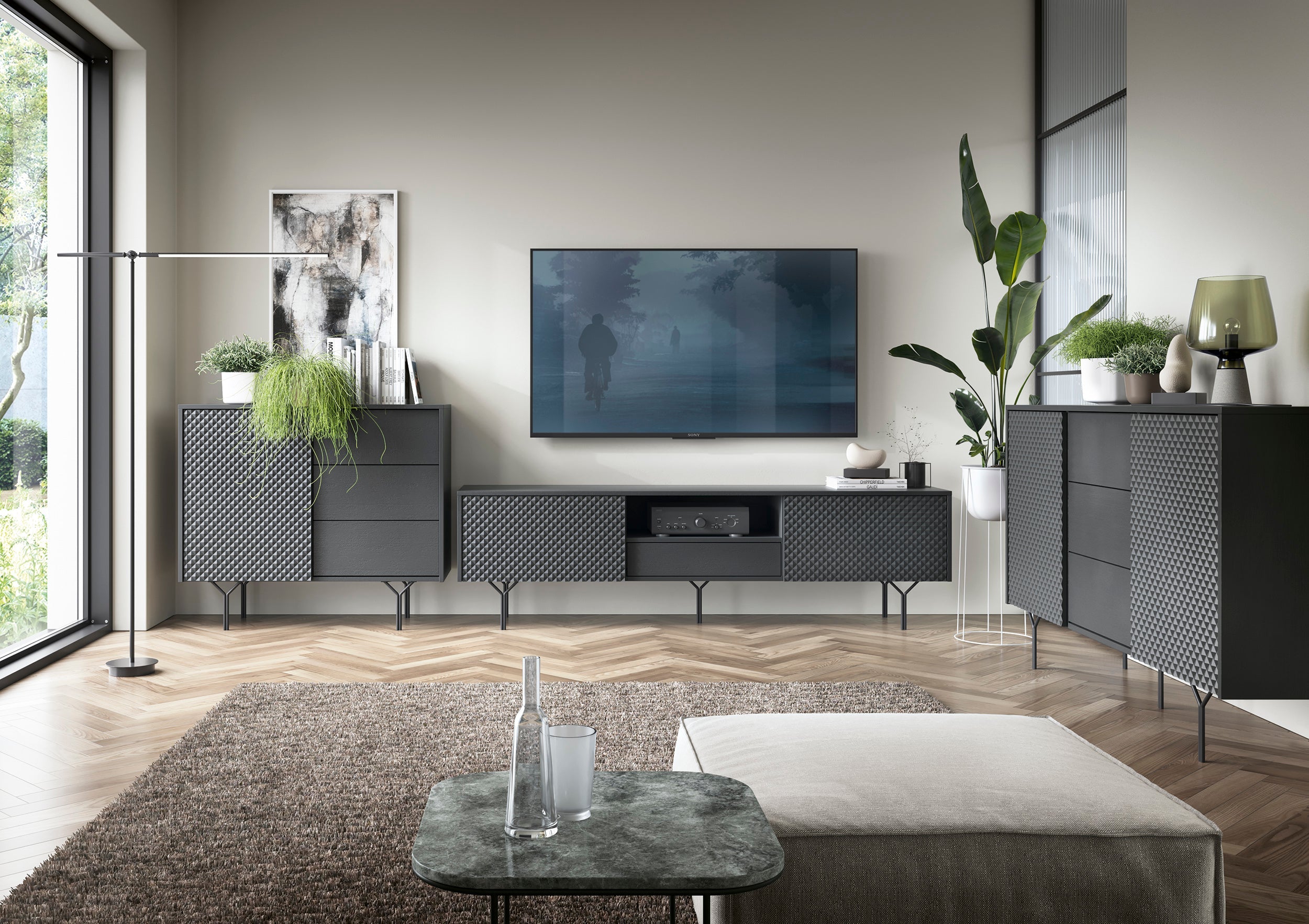 Meuble TV 2 portes et 1 tiroir en bois laminé Nerea 180 x 51 cm