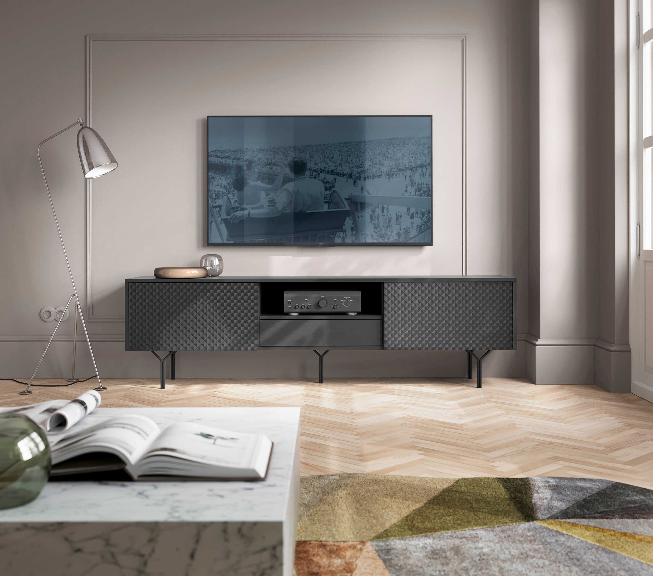 Meuble TV 2 portes et 1 tiroir en bois laminé Nerea 180 x 51 cm
