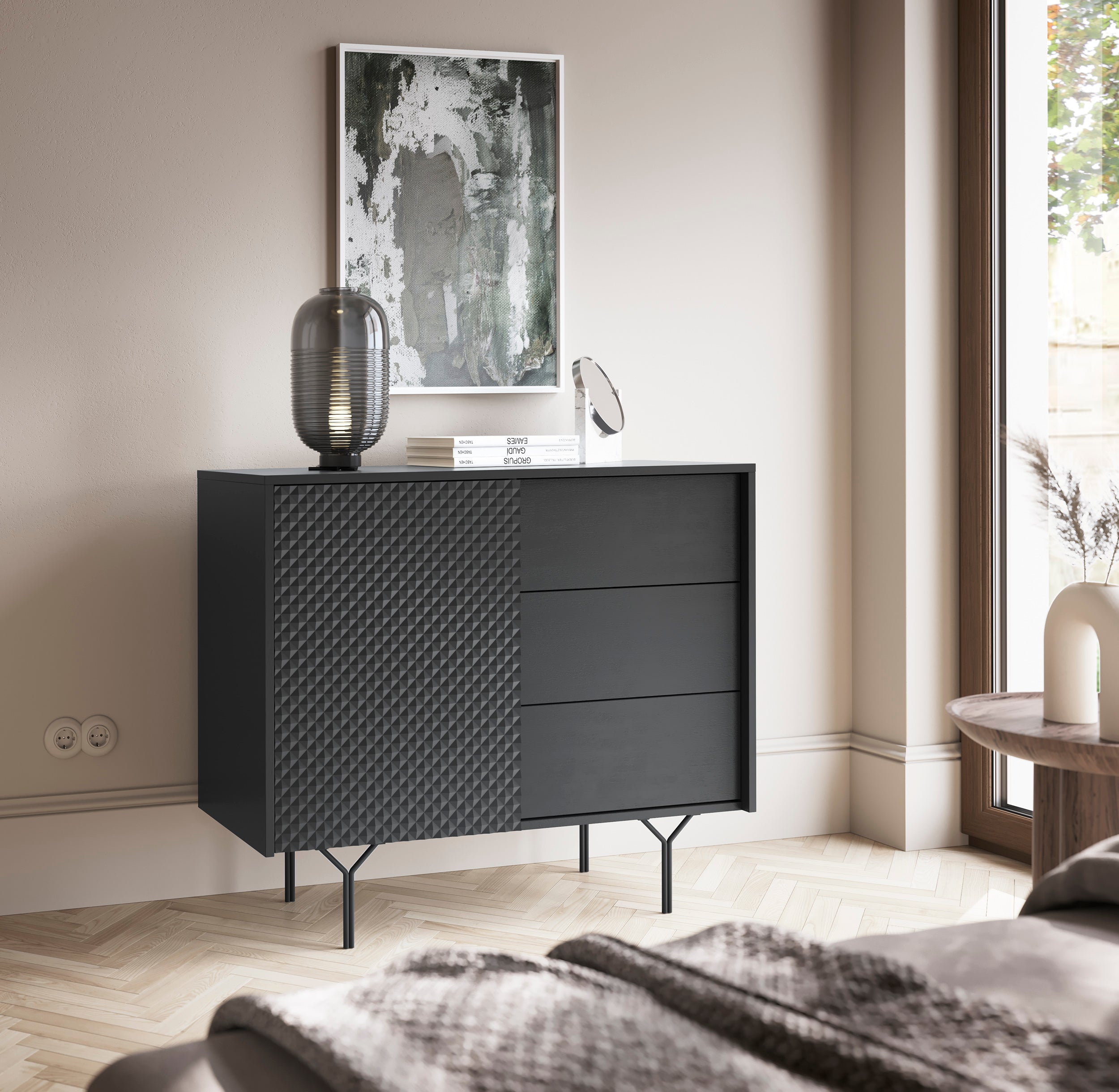 Buffet 3 tiroirs 1 porte en bois laminé Nerea 97x83 cm