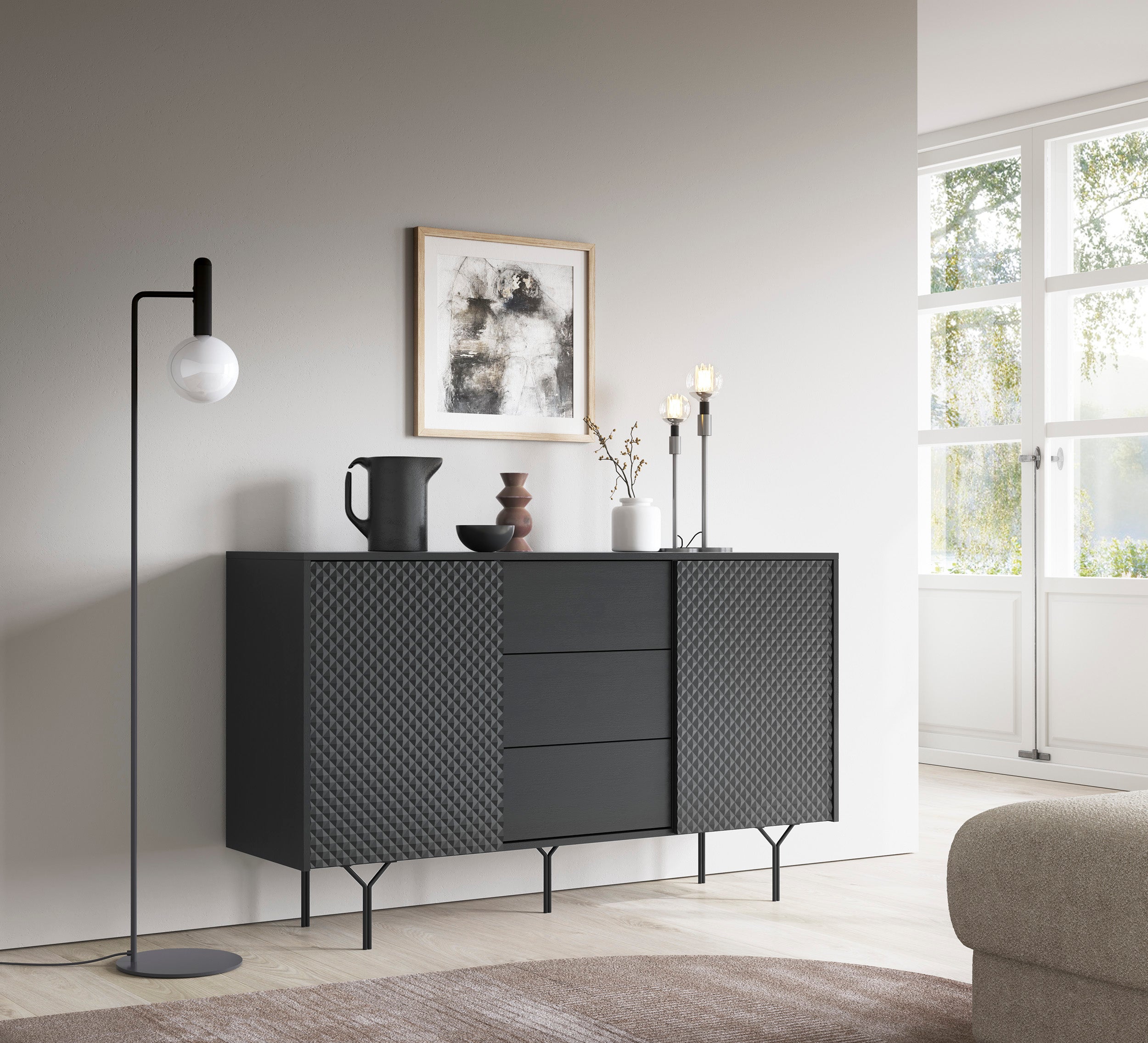 Buffet 2 portes 3 tiroirs en bois laminé Nerea 144x83 cm