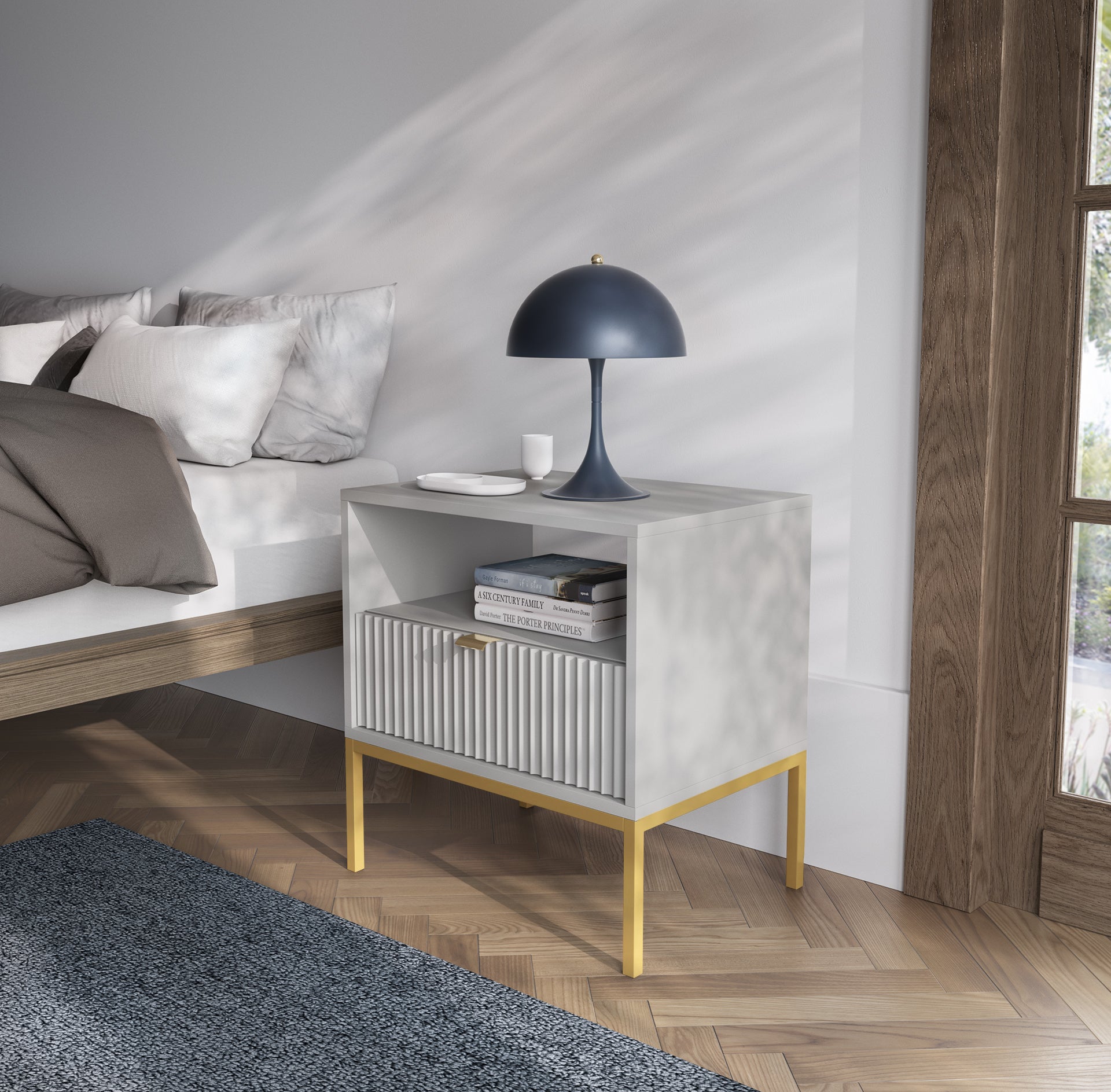 Table de chevet avec pieds en métal et 1 tiroir en bois laminé Miseno 54x56 cm