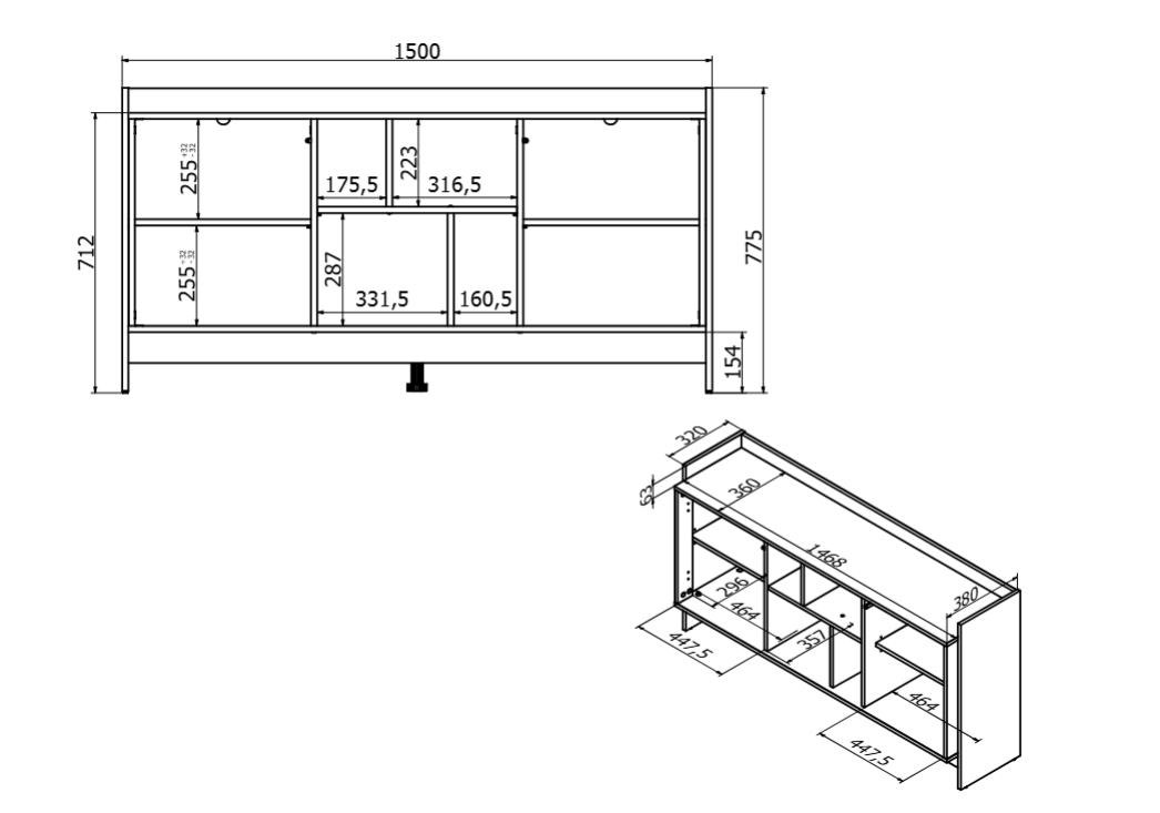 Buffet 2 portes noir mat/chêne Élixir 150x77 cm