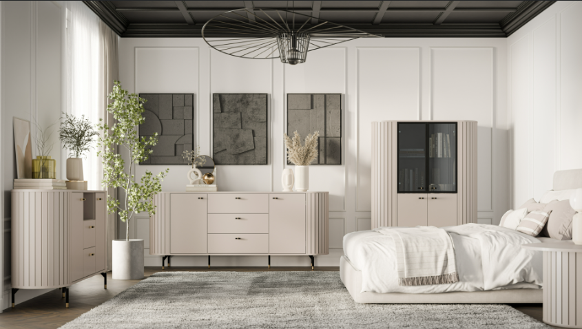 Buffet 2 portes 3 tiroirs avec pied en métal Rose 190x81 cm