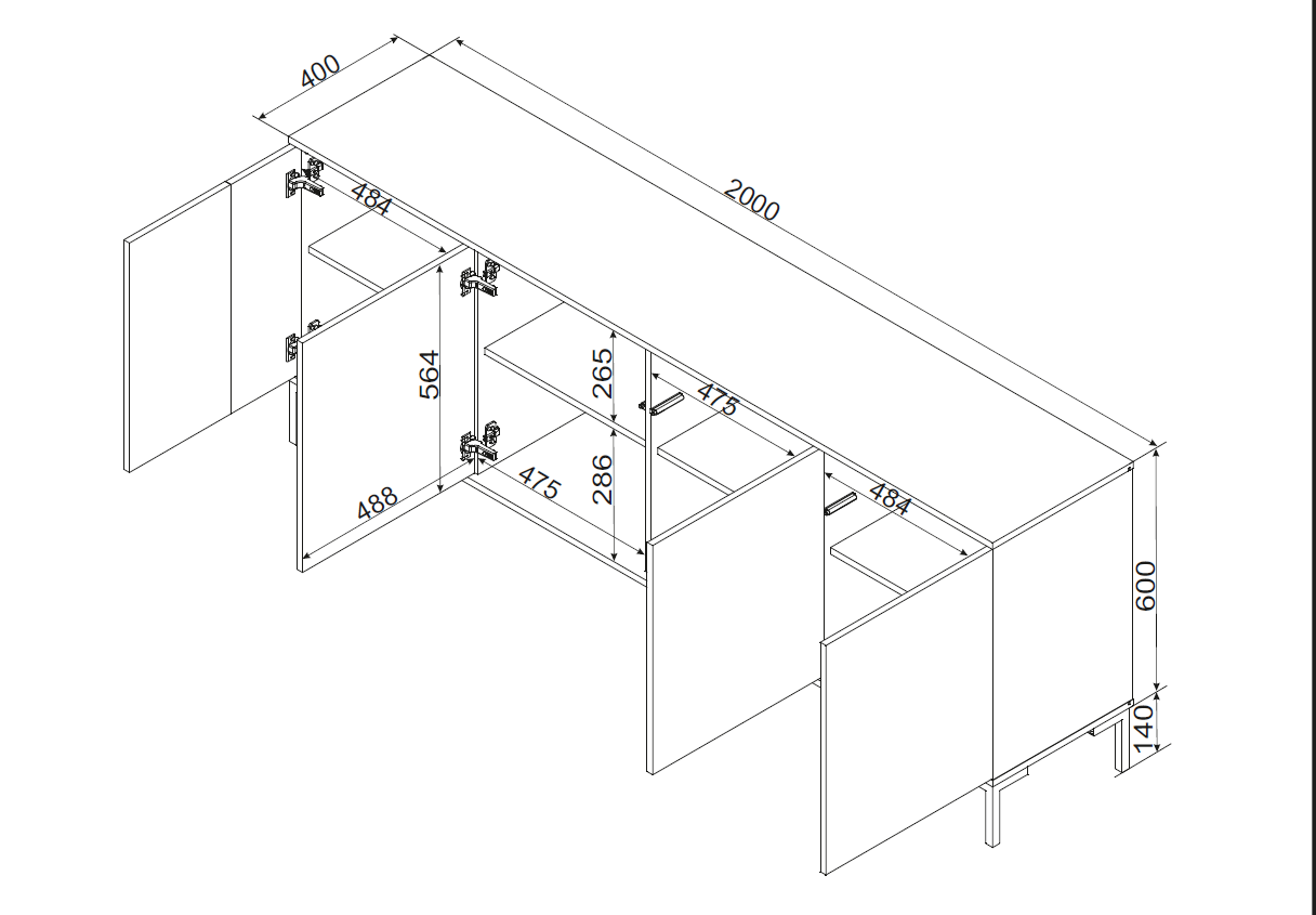 Buffet 4 portes avec pied en métal noir mat/chêne écrin 200x74 cm