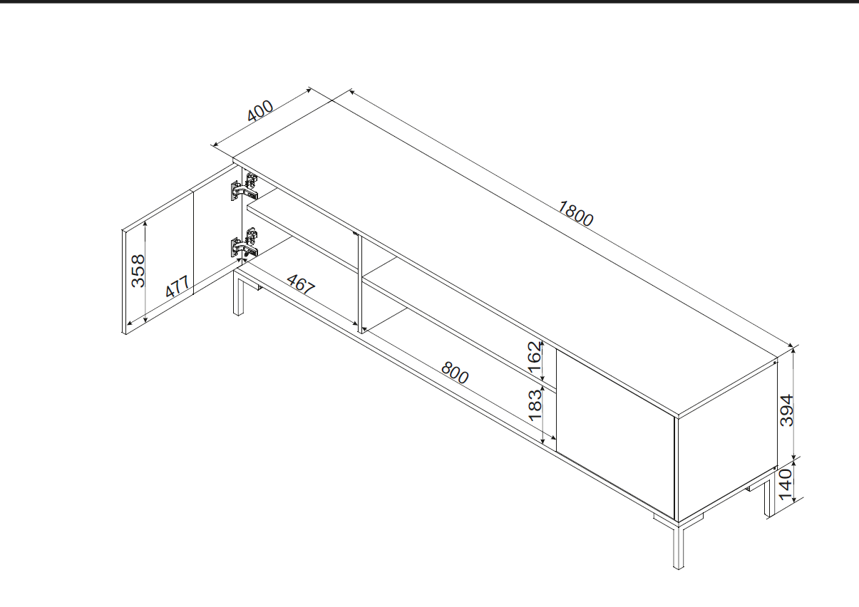 Meuble TV 2 portes avec cheminée intégrée noir mat/chêne Écrin 180x54 cm