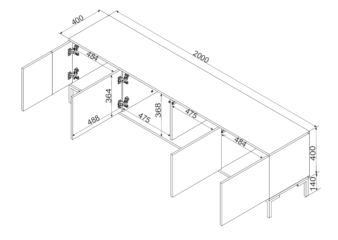Meuble TV 4 portes avec pied en métal noir mat/chêne Écrin 200x54 cm